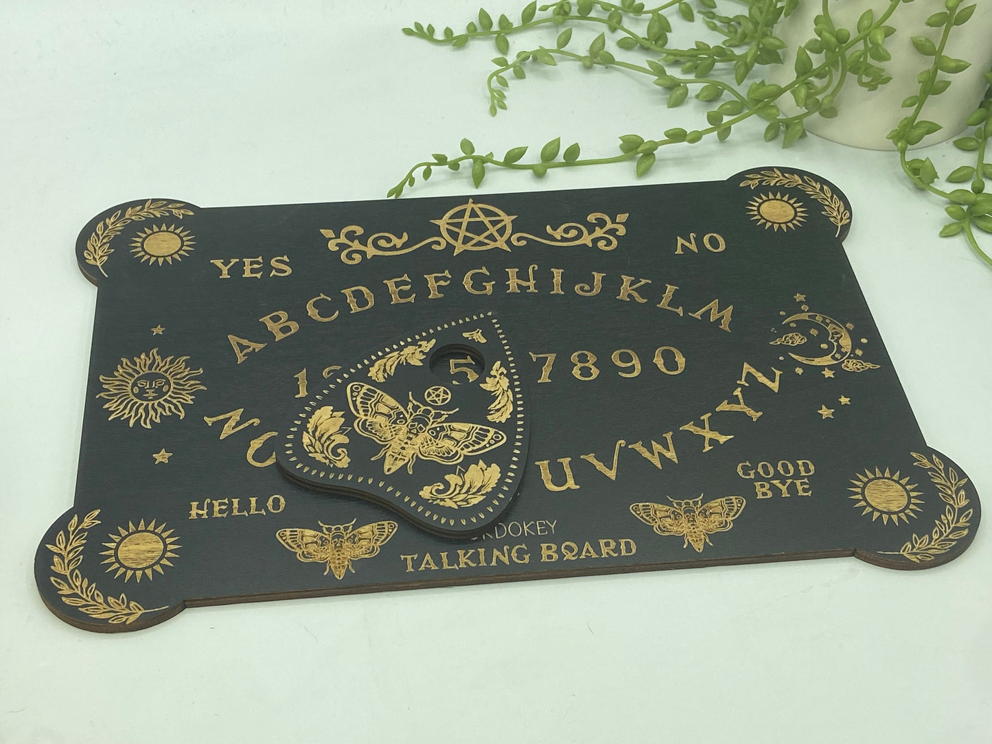 Wooden Ouija board with planchette, moth, sun, moon, pentagram, divination, dowsing, Altar Board,Spirit Board,Occult Practice,Pendulum Board