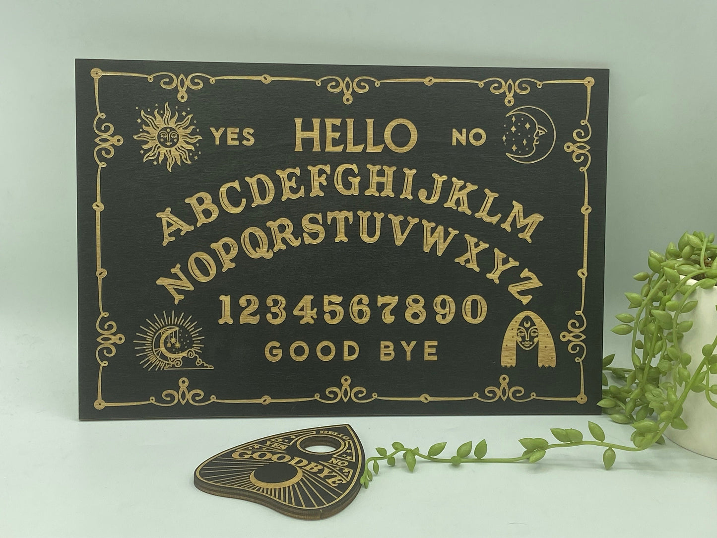 Wooden Ouija board with planchette, sun, moon, voodoo, divination, dowsing, Altar Board,Spirit Board,Occult Practice,Pendulum Board