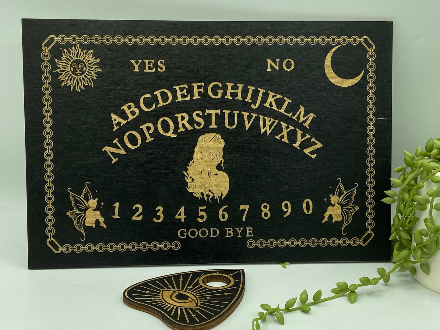 Wooden Ouija board with planchette, sun/moon and fairies, divination, dowsing, Altar Board,Spirit Board,Occult Practice,Pendulum Board