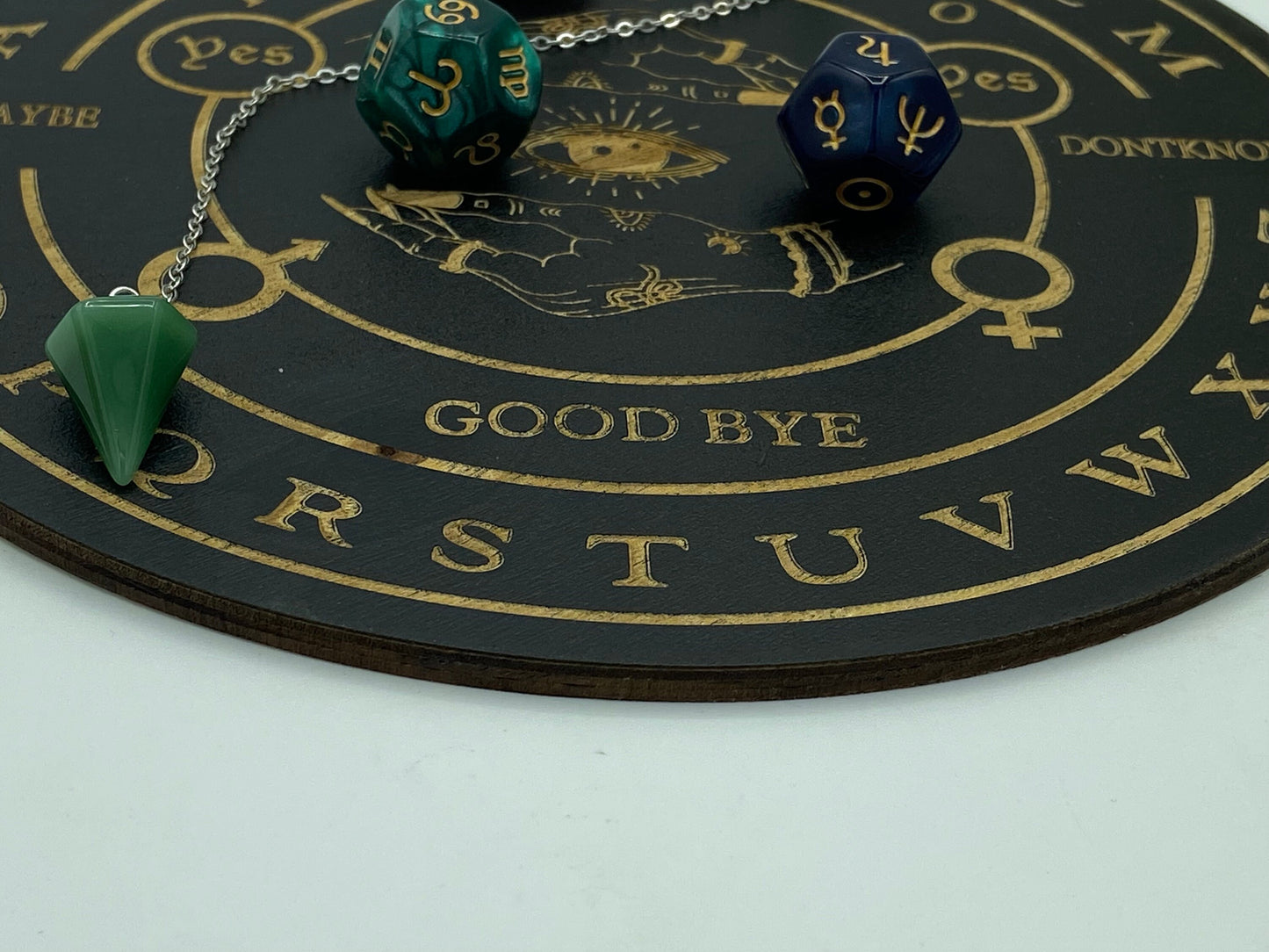 Wooden sprit/dowsing board featuring a carved evil eye surrounded by hands, pendulum board, scrying, divination reading, traditional ouija