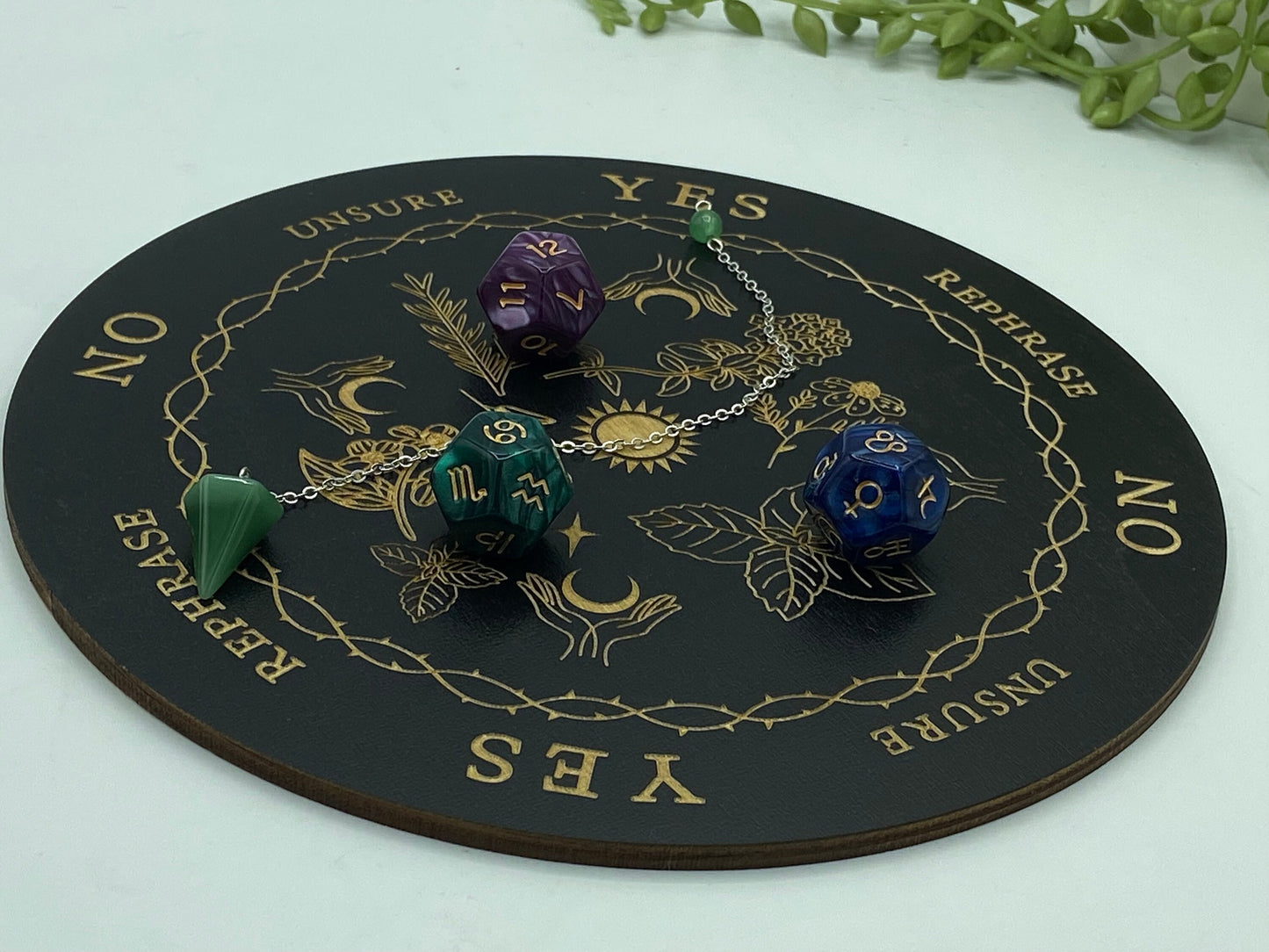 Wooden sprit/dowsing board featuring flowers and herbs, hands, moons and suns, thorns, scrying, divination reading,  ouija board