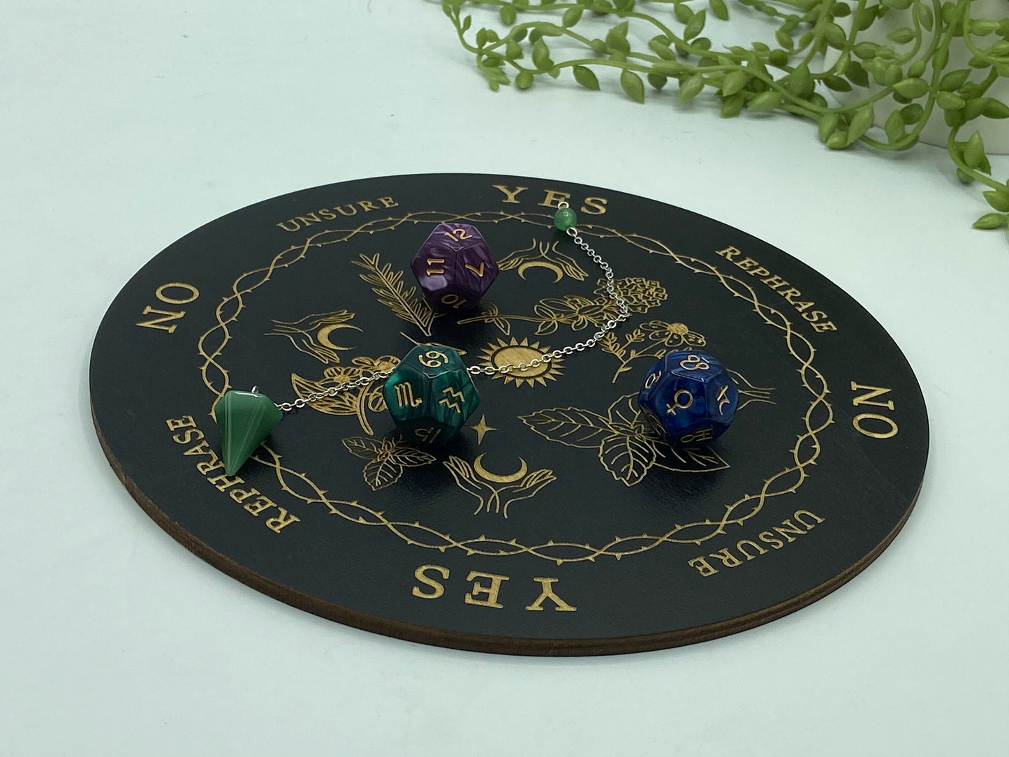 Wooden sprit/dowsing board featuring flowers and herbs, hands, moons and suns, thorns, scrying, divination reading,  ouija board