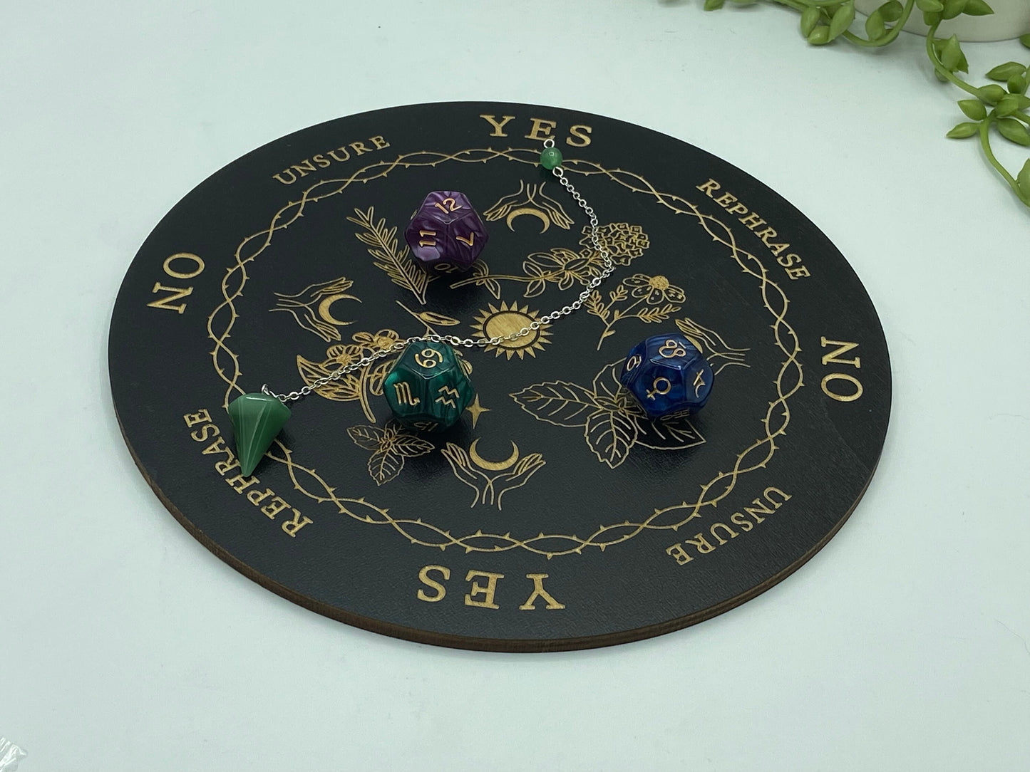 Wooden sprit/dowsing board featuring flowers and herbs, hands, moons and suns, thorns, scrying, divination reading,  ouija board