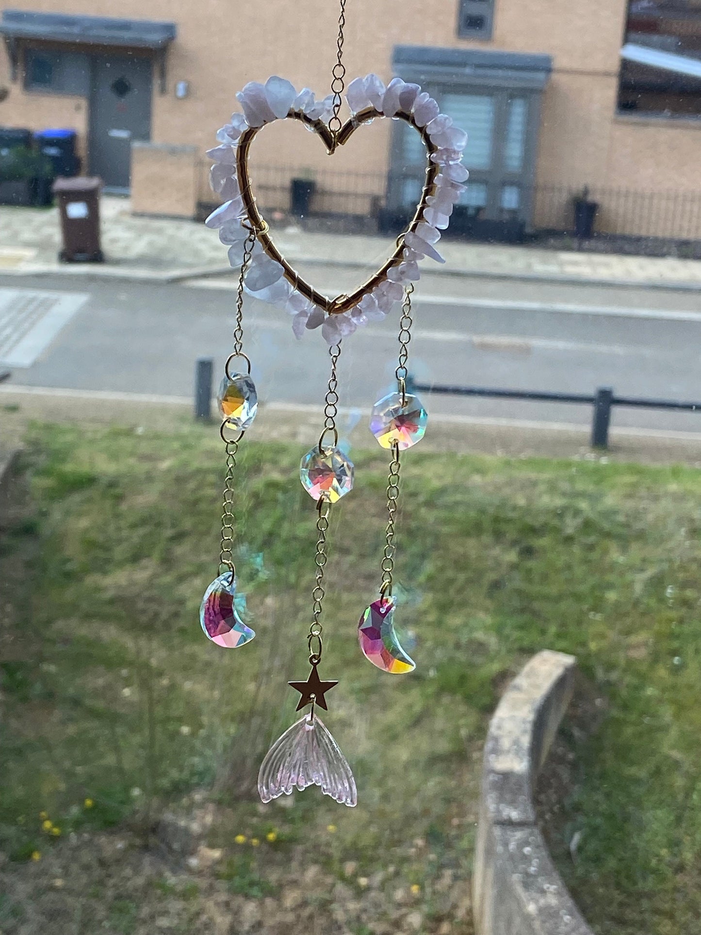 Crystal covered heart shaped suncatchers, clear quartz, blue lace agate, rose quartz, suncatcher, wall hanging, window decor,