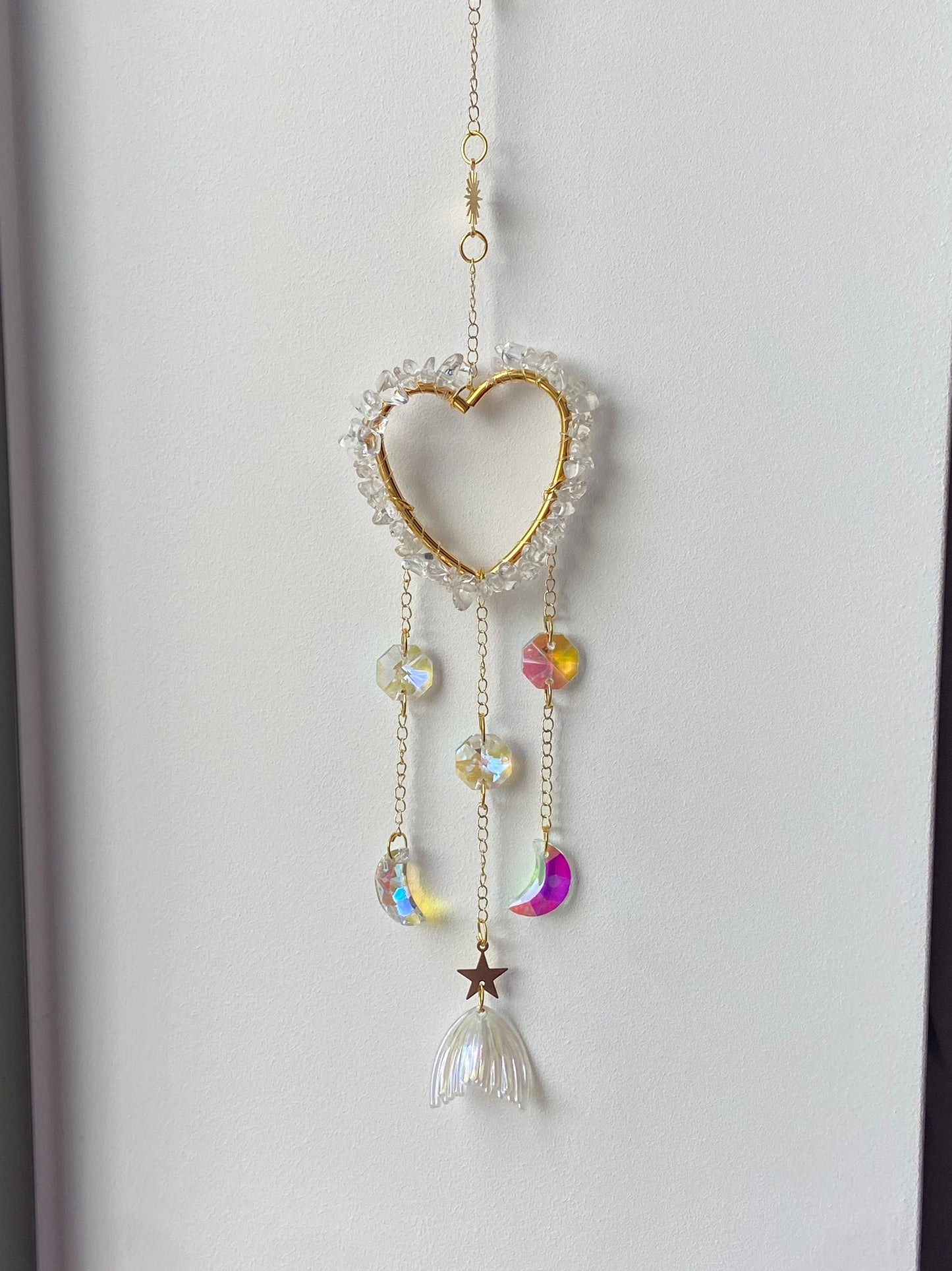 Crystal covered heart shaped suncatchers, clear quartz, blue lace agate, rose quartz, suncatcher, wall hanging, window decor,