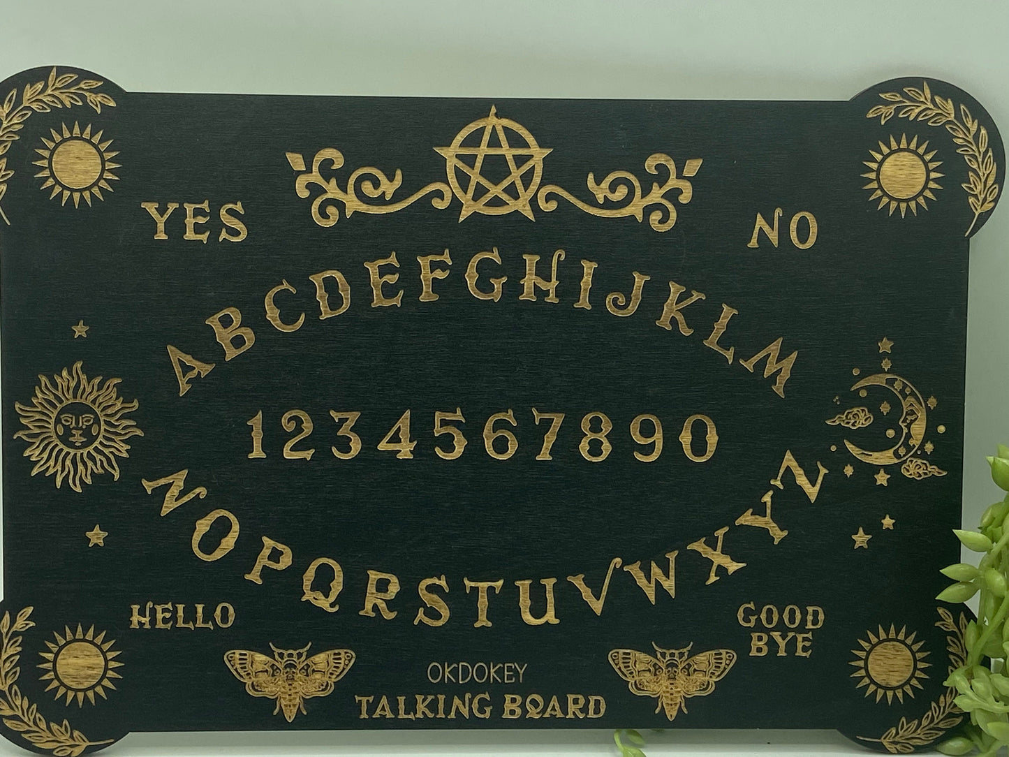 Wooden Ouija board with planchette, moth, sun, moon, pentagram, divination, dowsing, Altar Board,Spirit Board,Occult Practice,Pendulum Board