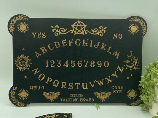 Wooden Ouija board with planchette, moth, sun, moon, pentagram, divination, dowsing, Altar Board,Spirit Board,Occult Practice,Pendulum Board