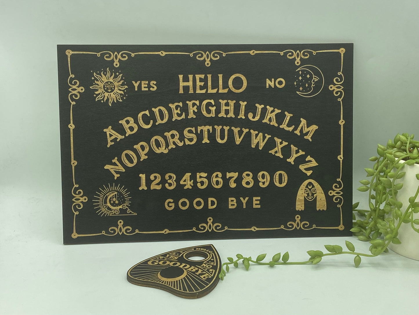 Wooden Ouija board with planchette, sun, moon, voodoo, divination, dowsing, Altar Board,Spirit Board,Occult Practice,Pendulum Board