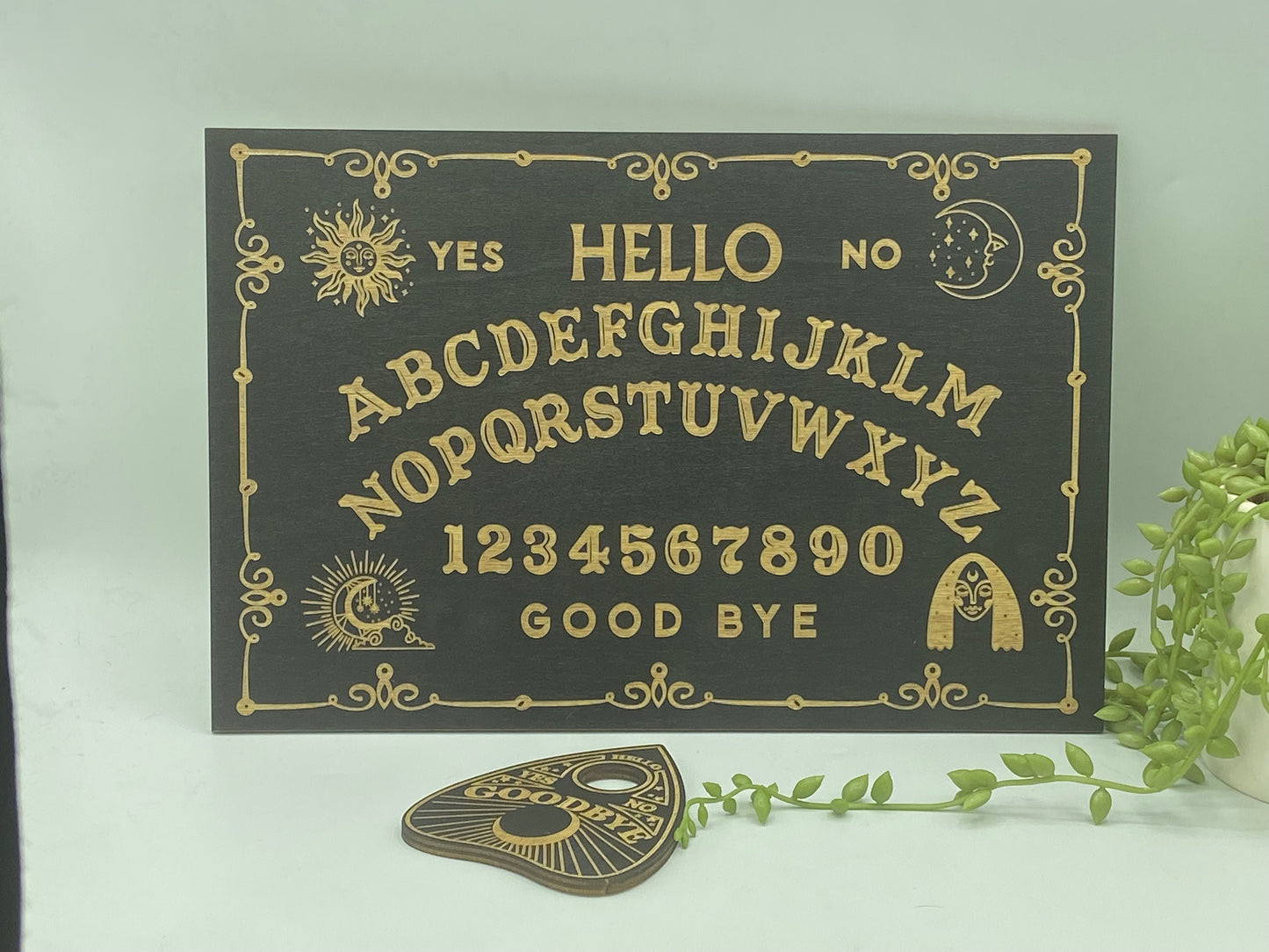 Wooden Ouija board with planchette, sun, moon, voodoo, divination, dowsing, Altar Board,Spirit Board,Occult Practice,Pendulum Board