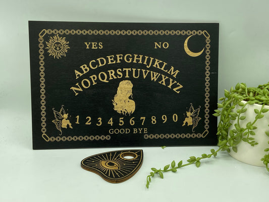 Wooden Ouija board with planchette, sun/moon and fairies, divination, dowsing, Altar Board,Spirit Board,Occult Practice,Pendulum Board