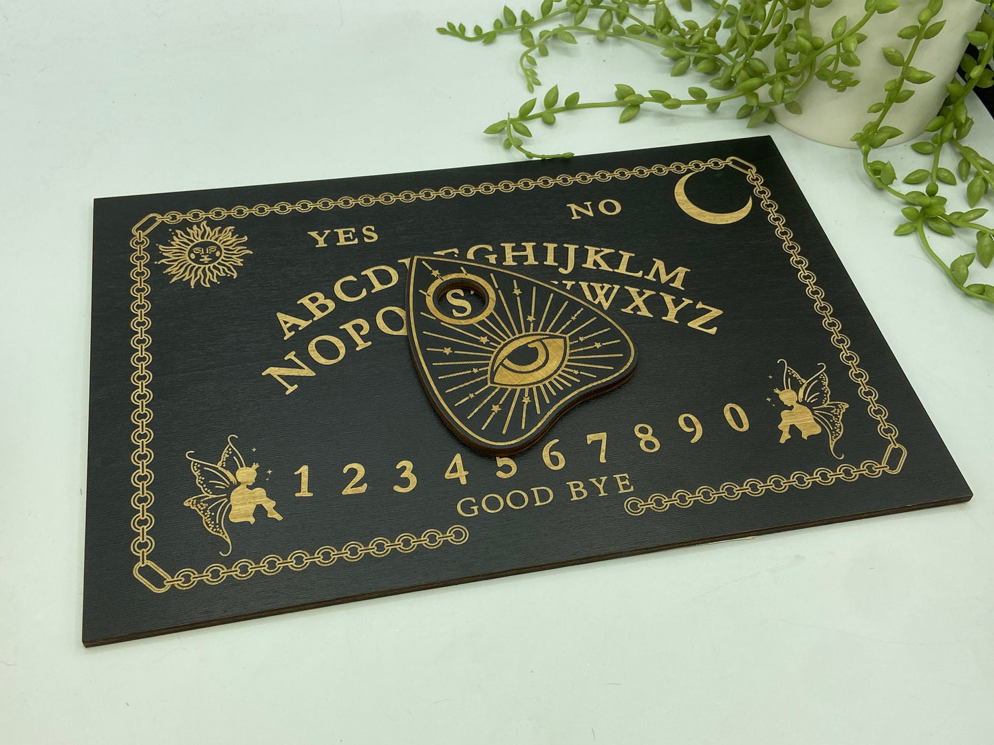 Wooden Ouija board with planchette, sun/moon and fairies, divination, dowsing, Altar Board,Spirit Board,Occult Practice,Pendulum Board