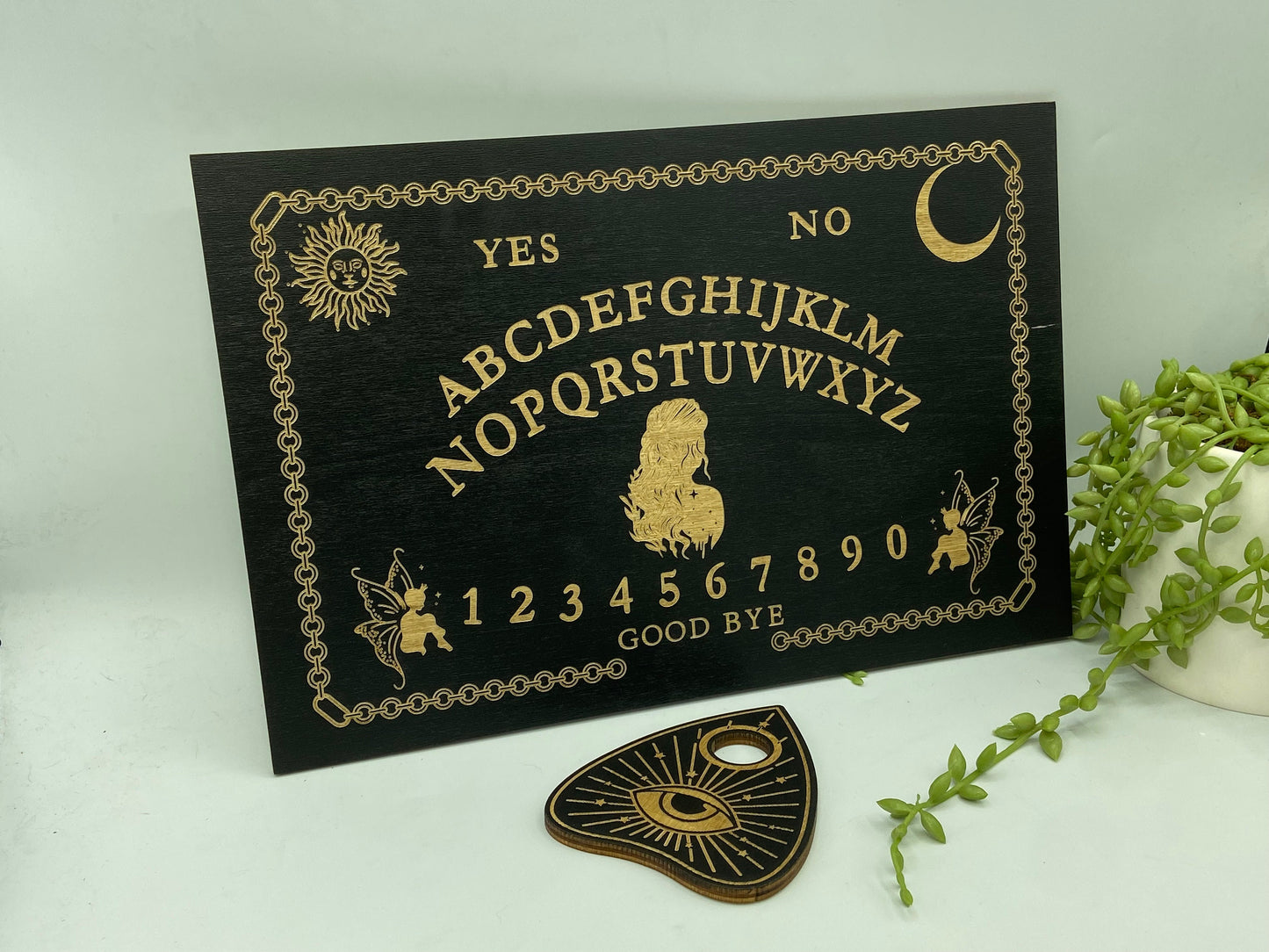 Wooden Ouija board with planchette, sun/moon and fairies, divination, dowsing, Altar Board,Spirit Board,Occult Practice,Pendulum Board