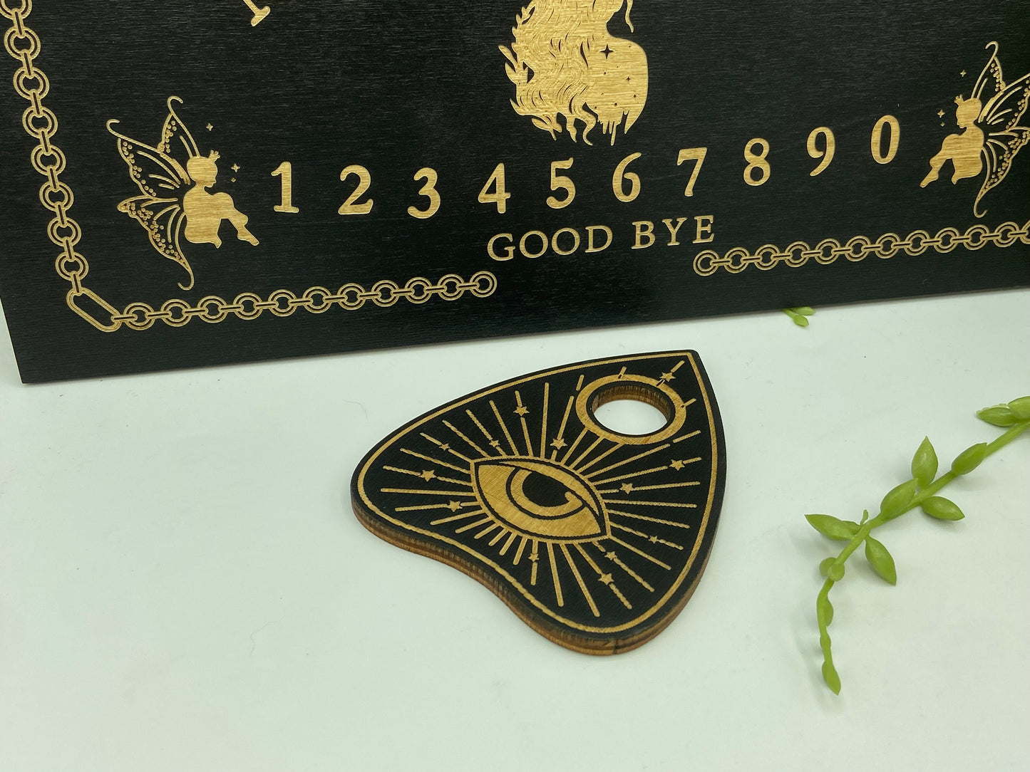 Wooden Ouija board with planchette, sun/moon and fairies, divination, dowsing, Altar Board,Spirit Board,Occult Practice,Pendulum Board