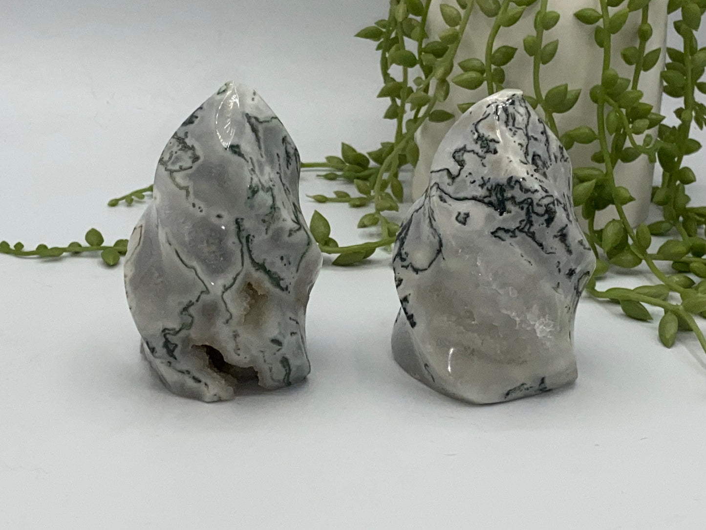 Moss Agate flames, sparkly quartz druzy pockets. Mixed green and white/clear, quartz inclusions pick your favourite