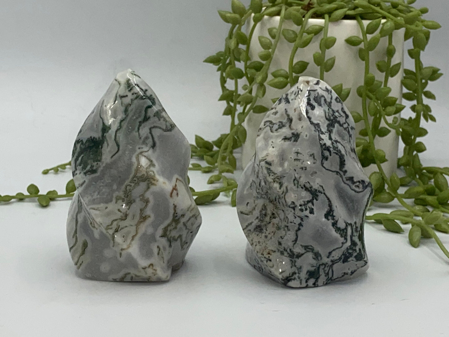 Moss Agate flames, sparkly quartz druzy pockets. Mixed green and white/clear, quartz inclusions pick your favourite