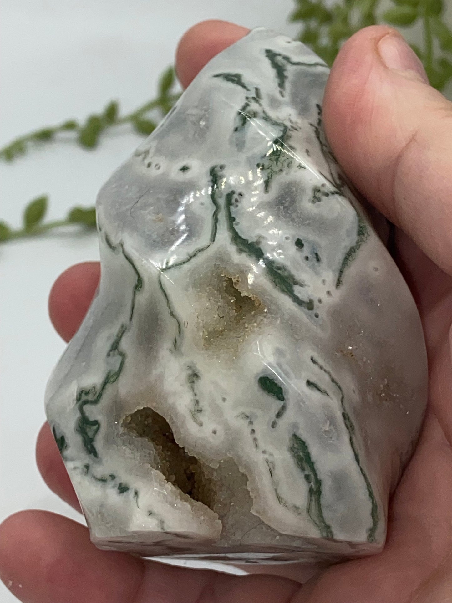 Moss Agate flames, sparkly quartz druzy pockets. Mixed green and white/clear, quartz inclusions pick your favourite