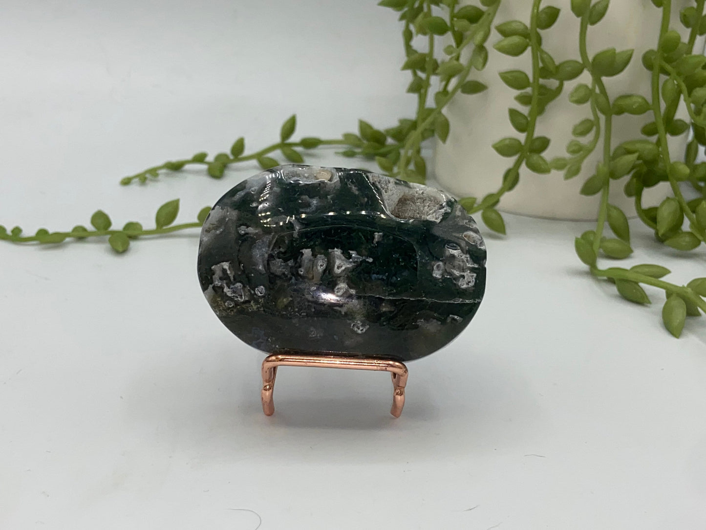 Dark Green Moss Agate Druzy Palm Stone (B) Worry stone, Mocha stone, quartz inclusions