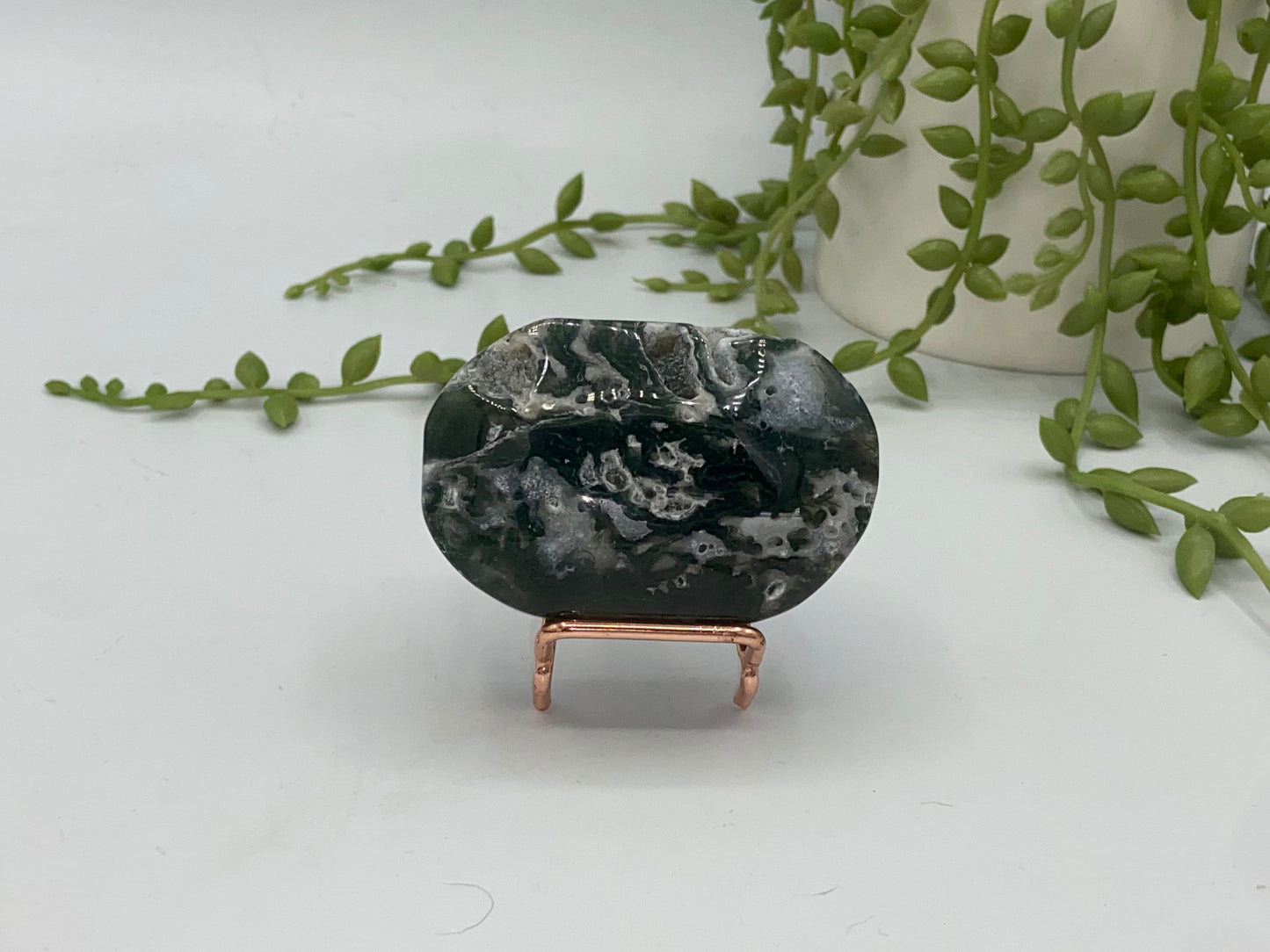 Dark Green Moss Agate Druzy Palm Stone (B) Worry stone, Mocha stone, quartz inclusions