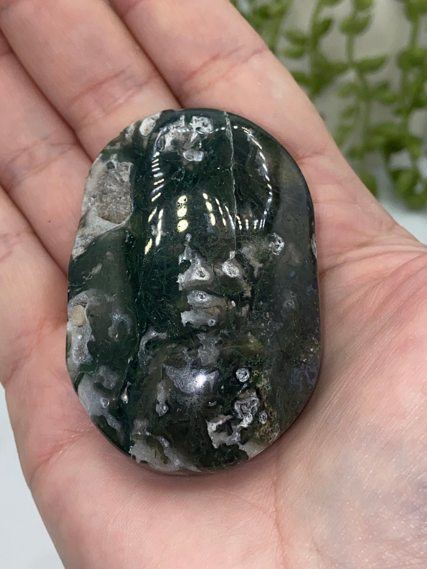 Dark Green Moss Agate Druzy Palm Stone (B) Worry stone, Mocha stone, quartz inclusions