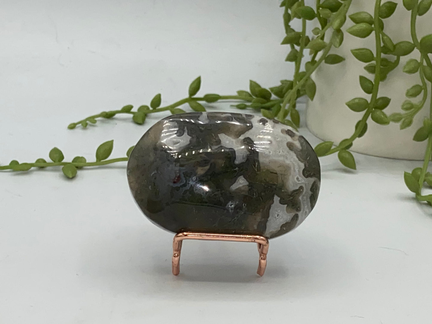 Dark Green Moss Agate Druzy Palm Stone (C) Worry stone, Mocha stone, quartz inclusions