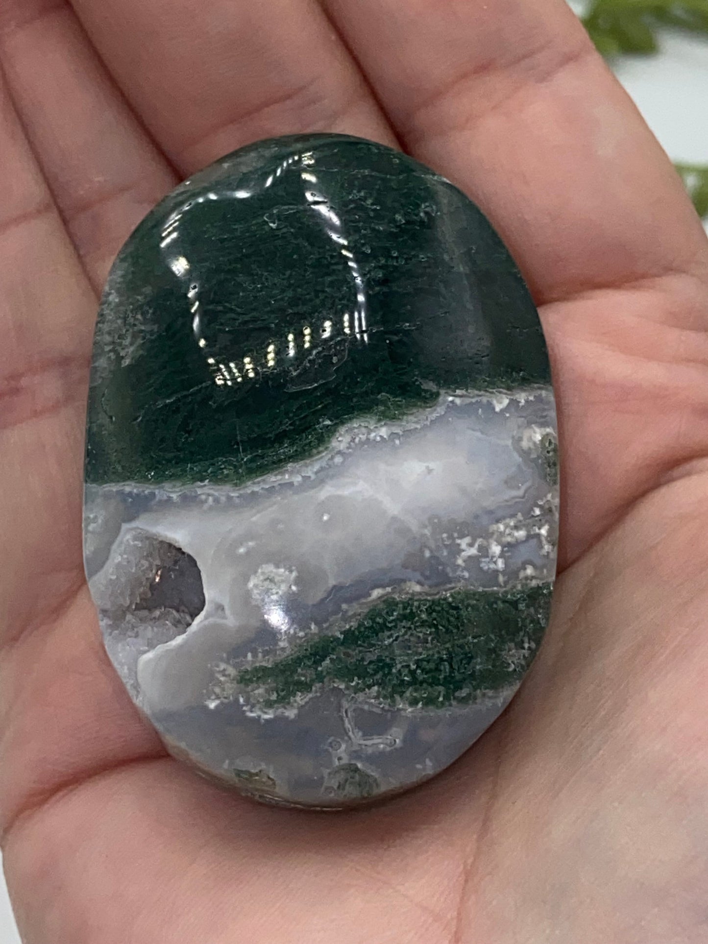 Dark Green Moss Agate Druzy Palm Stone (E) Worry stone, Mocha stone, quartz inclusions