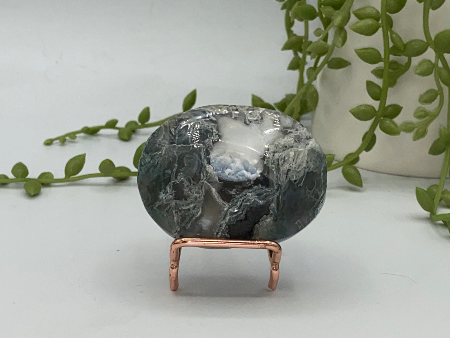 Dark Green Moss Agate Druzy Palm Stone (F) Worry stone, Mocha stone, quartz inclusions