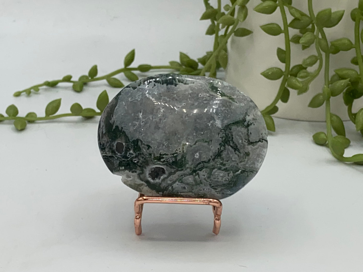 Light White With Green Moss Agate Druzy Palm Stone (A) Worry stone, Mocha stone, quartz inclusions