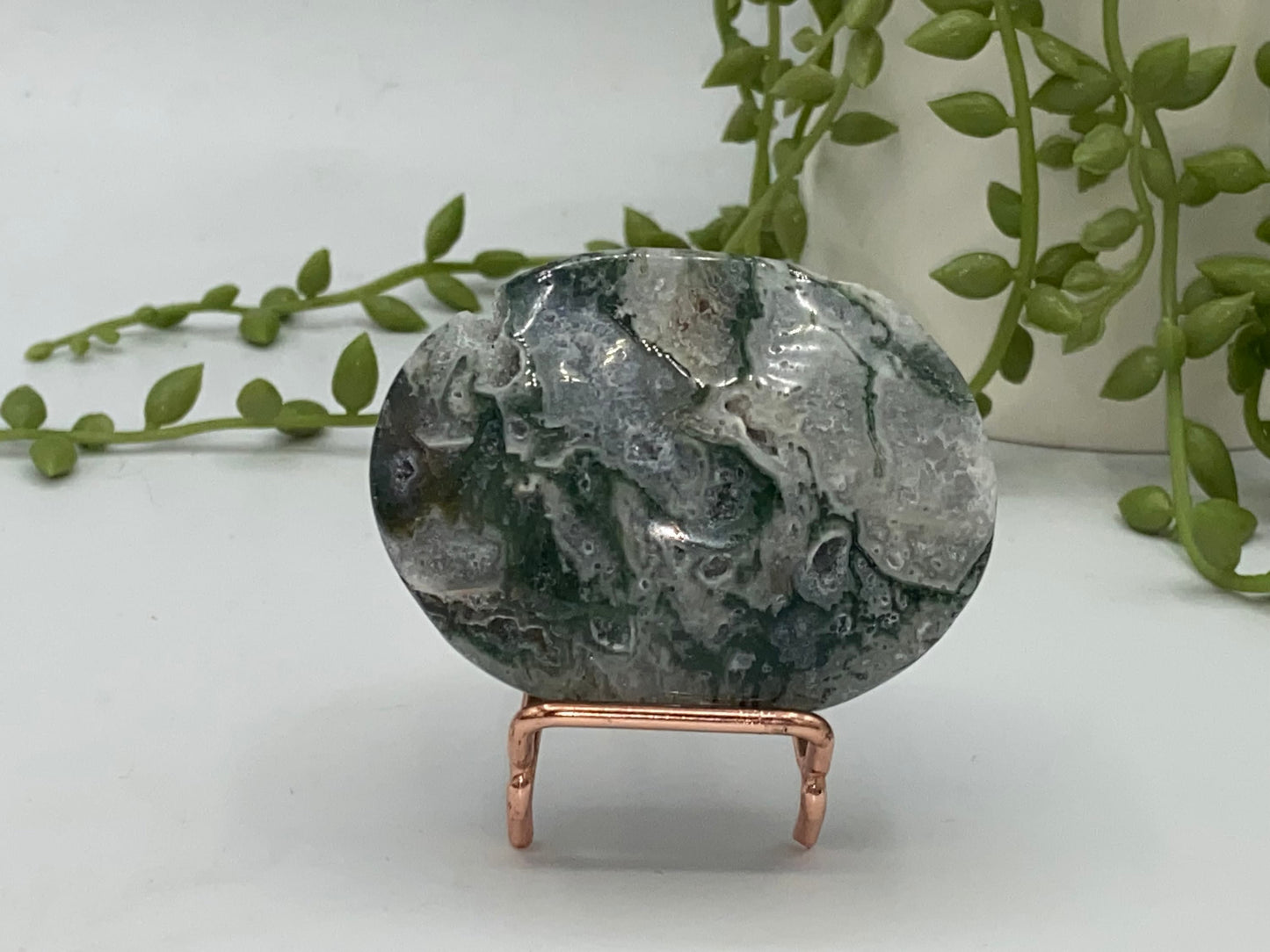 Light White With Green Moss Agate Druzy Palm Stone (A) Worry stone, Mocha stone, quartz inclusions