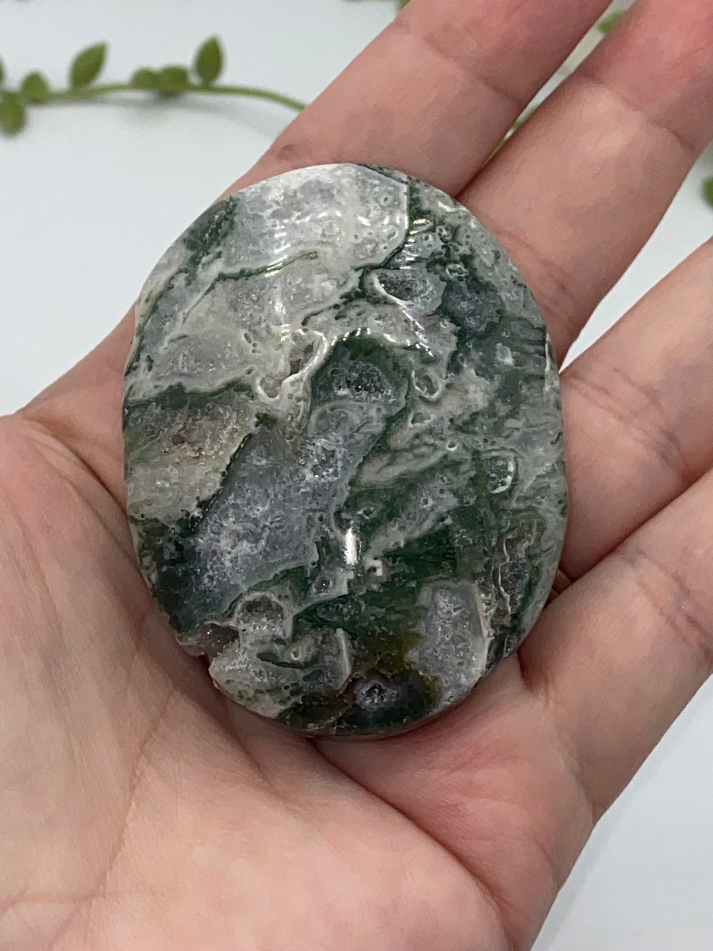 Light White With Green Moss Agate Druzy Palm Stone (A) Worry stone, Mocha stone, quartz inclusions