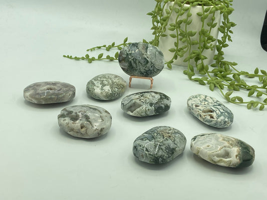 Light White With Green Moss Agate Druzy Palm Stone (B) Worry stone, Mocha stone, quartz inclusions