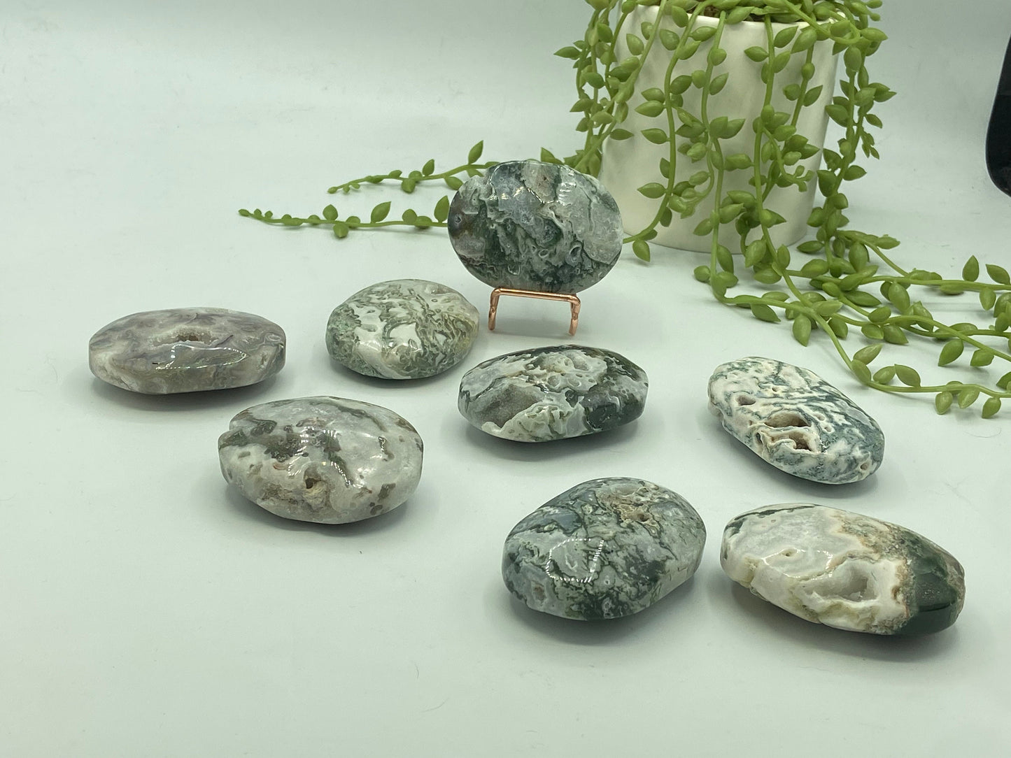 Light White With Green Moss Agate Druzy Palm Stone (E) Worry stone, Mocha stone, quartz inclusions