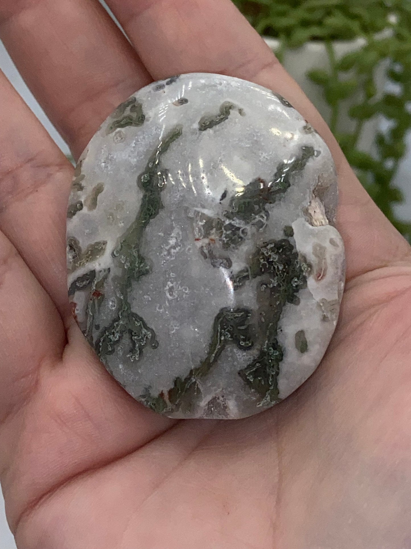 Light White With Green Moss Agate Druzy Palm Stone (C) Worry stone, Mocha stone, quartz inclusions