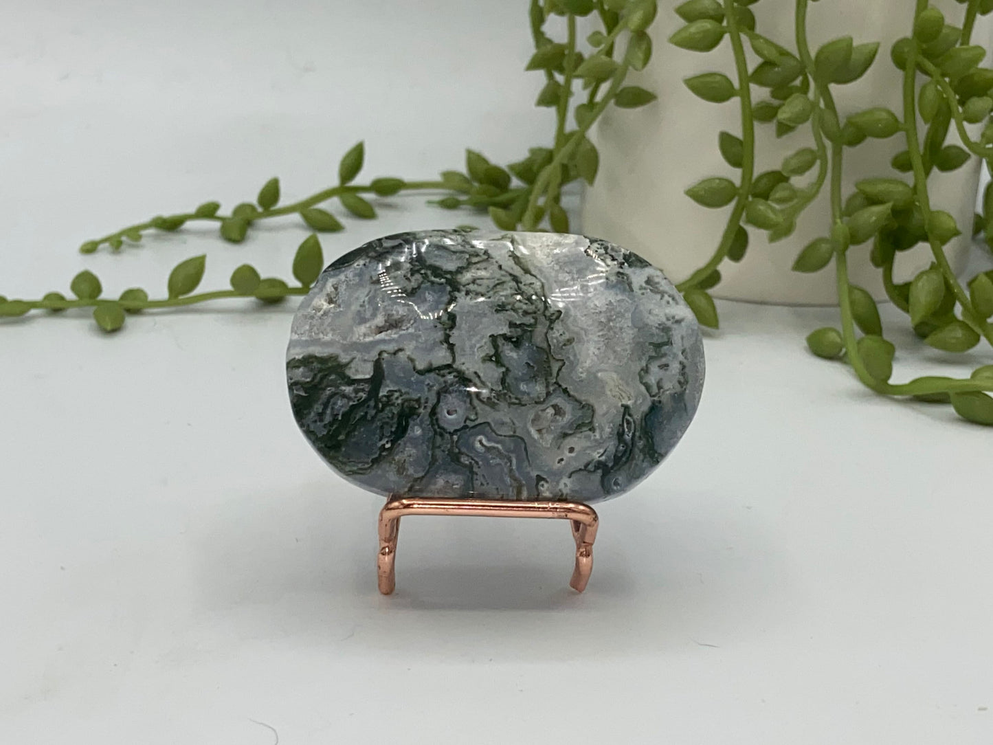 Light White With Green Moss Agate Druzy Palm Stone (D) Worry stone, Mocha stone, quartz inclusions