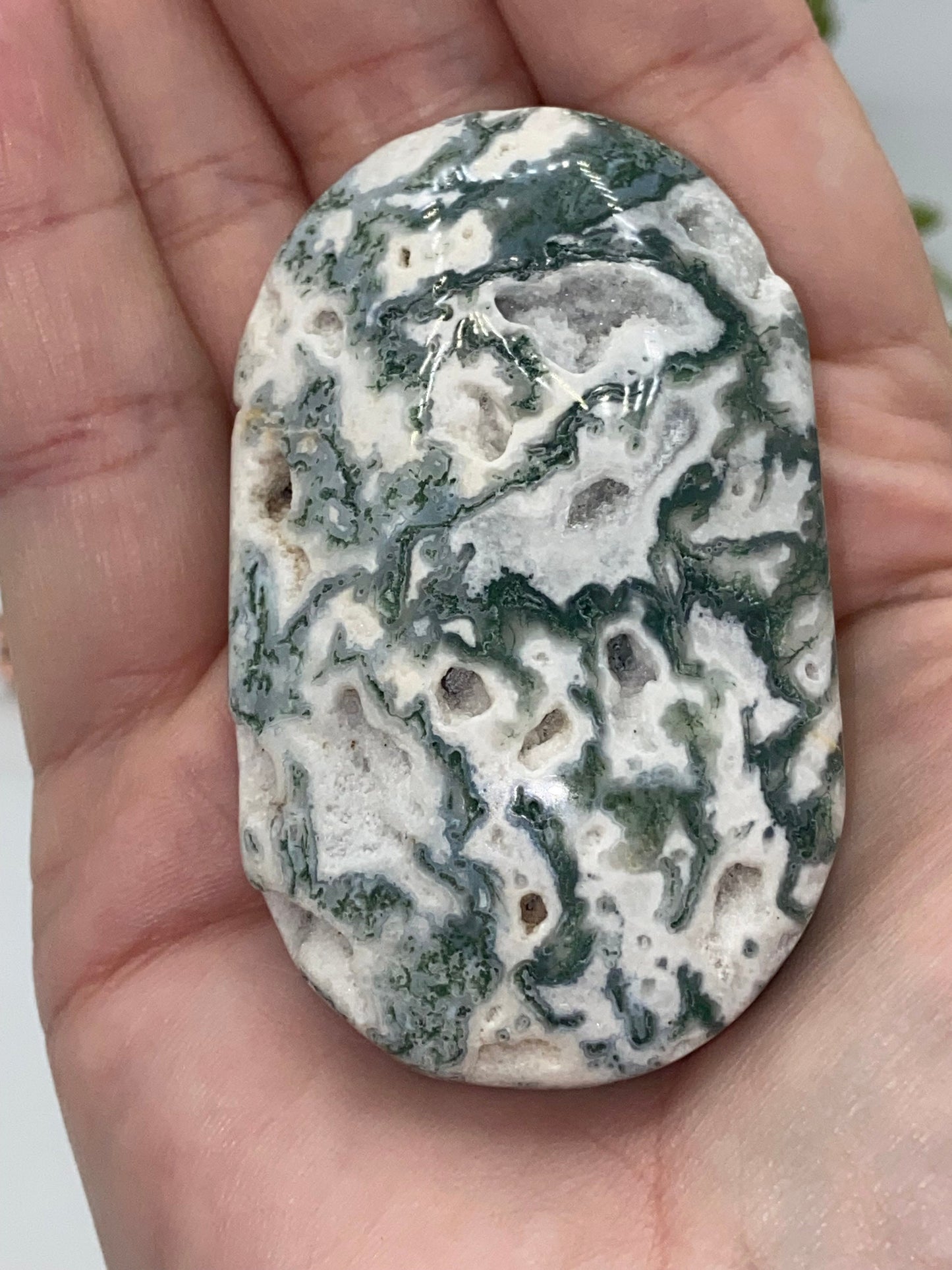 Light White With Green Moss Agate Druzy Palm Stone (E) Worry stone, Mocha stone, quartz inclusions