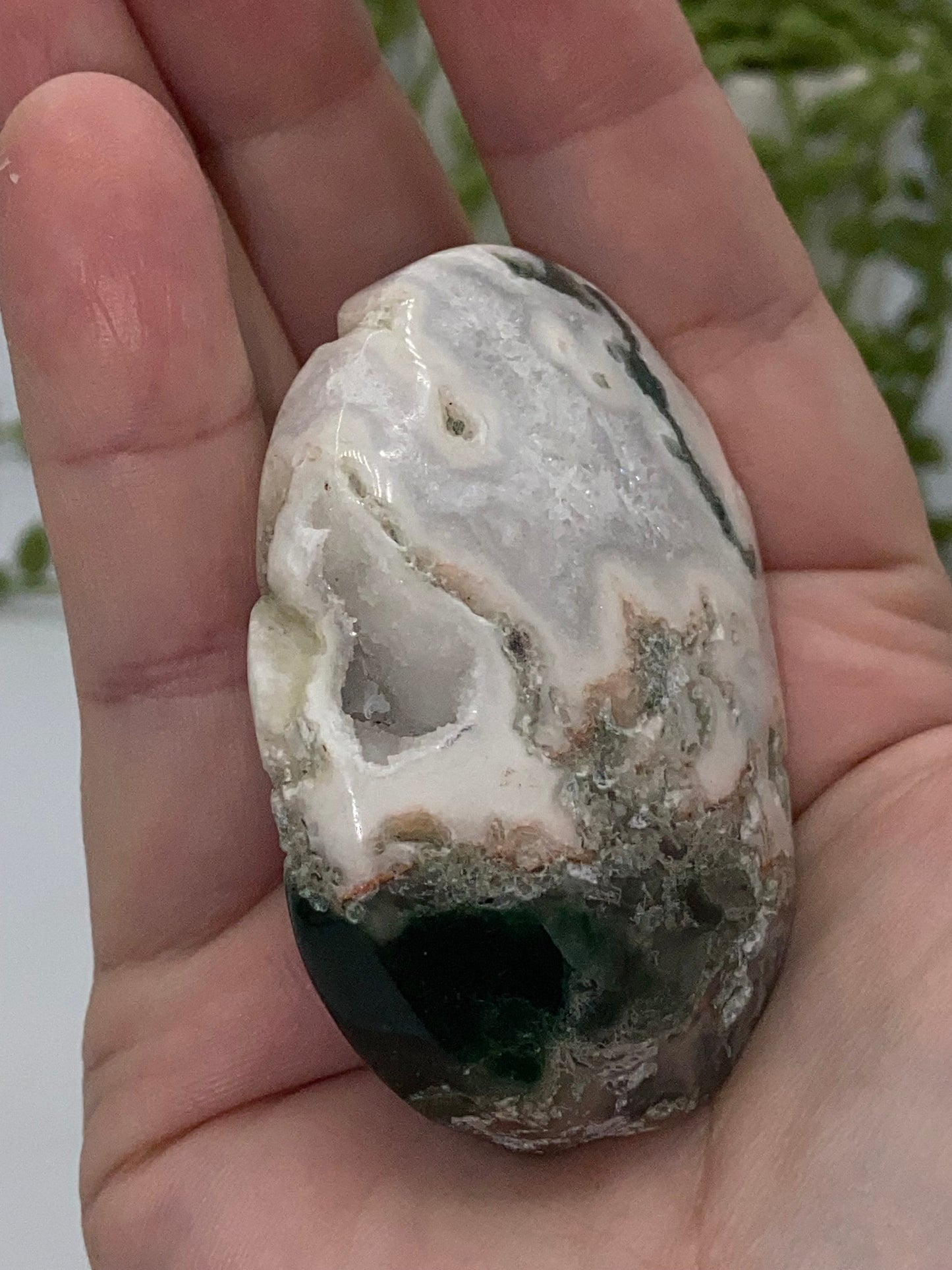 Light White With Green Moss Agate Druzy Palm Stone (F) Worry stone, Mocha stone, quartz inclusions
