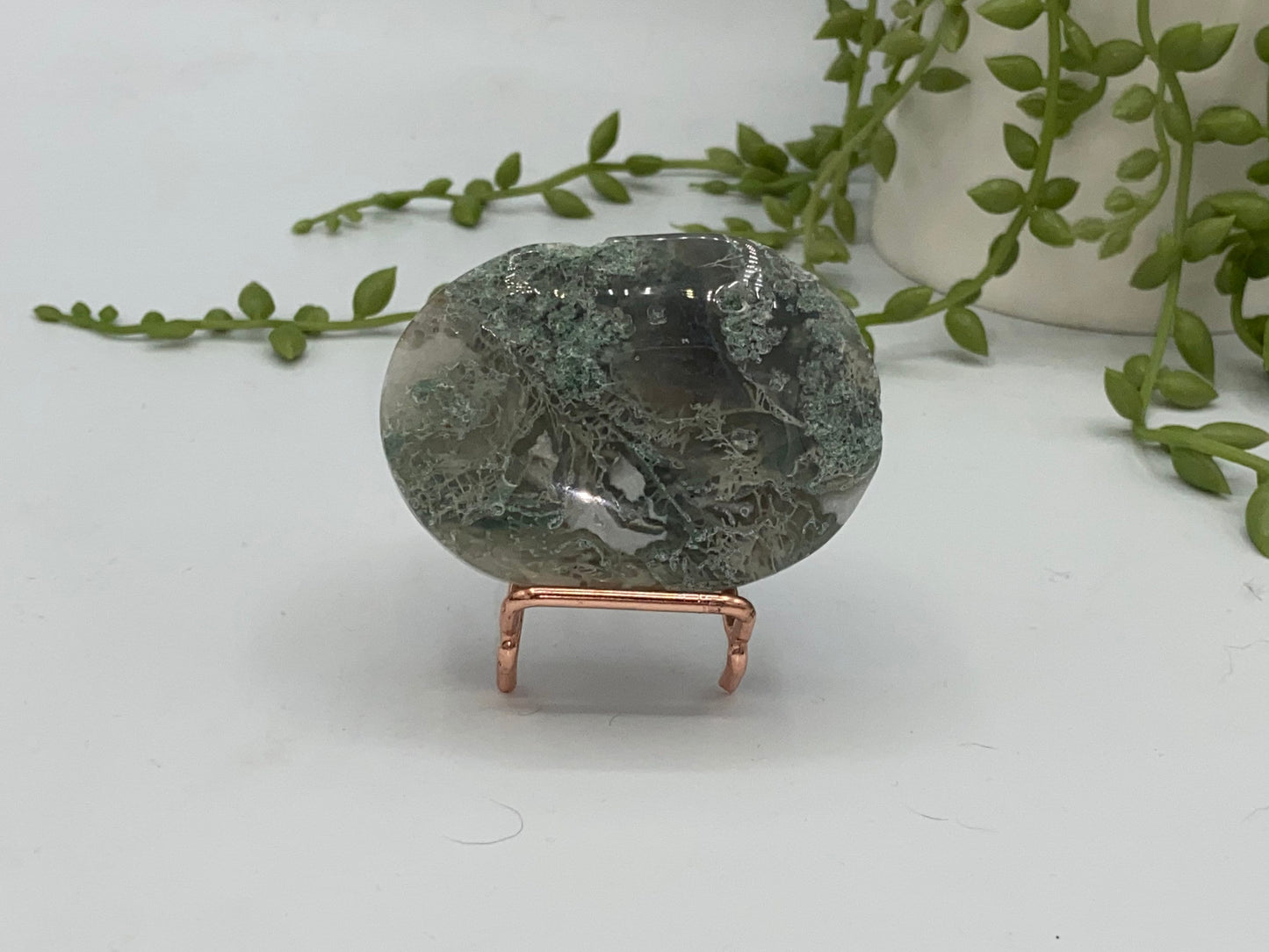 Light White With Green Moss Agate Druzy Palm Stone (H) Worry stone, Mocha stone, quartz inclusions