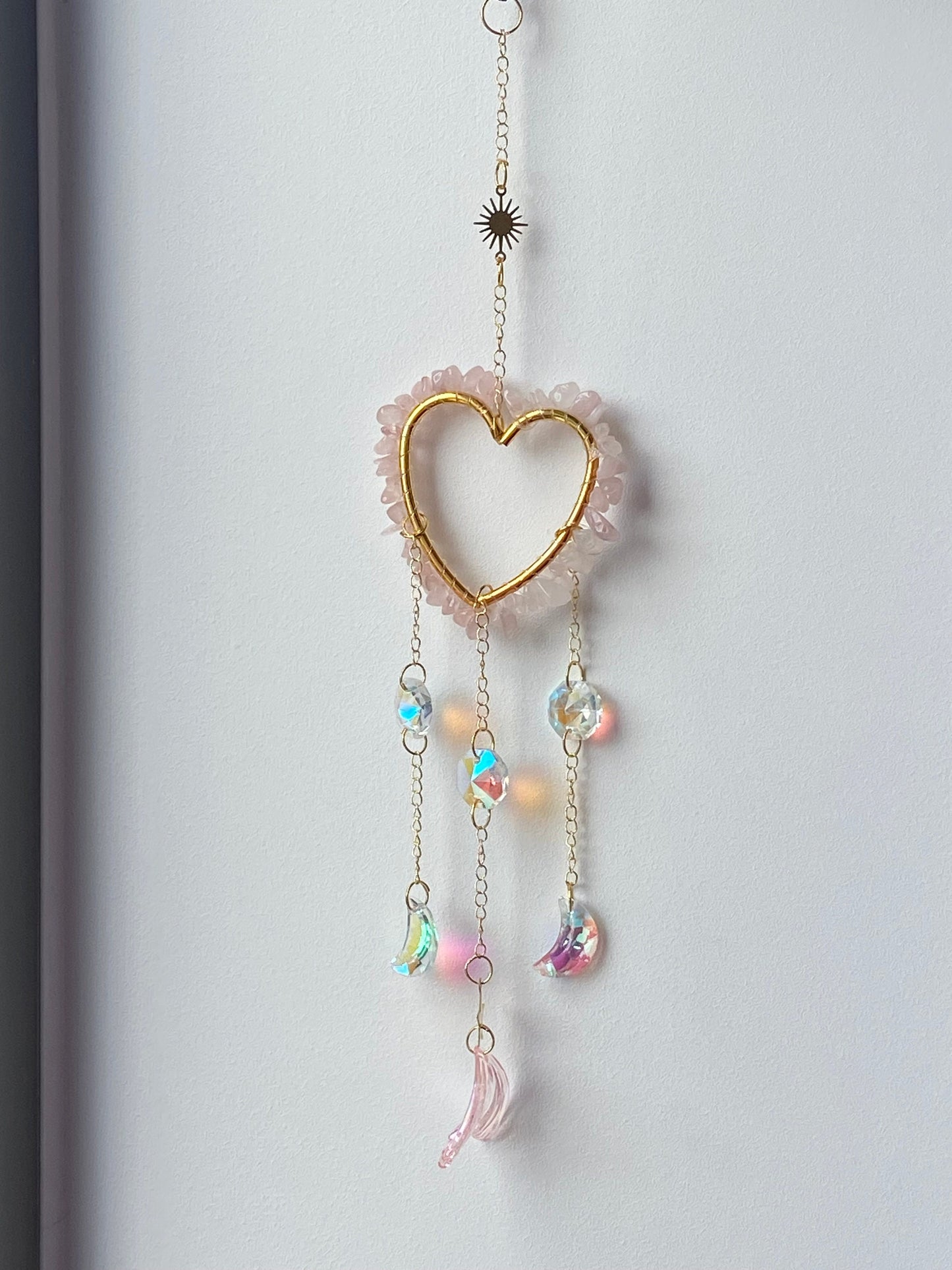 Crystal covered heart shaped suncatchers, clear quartz, blue lace agate, rose quartz, suncatcher, wall hanging, window decor,