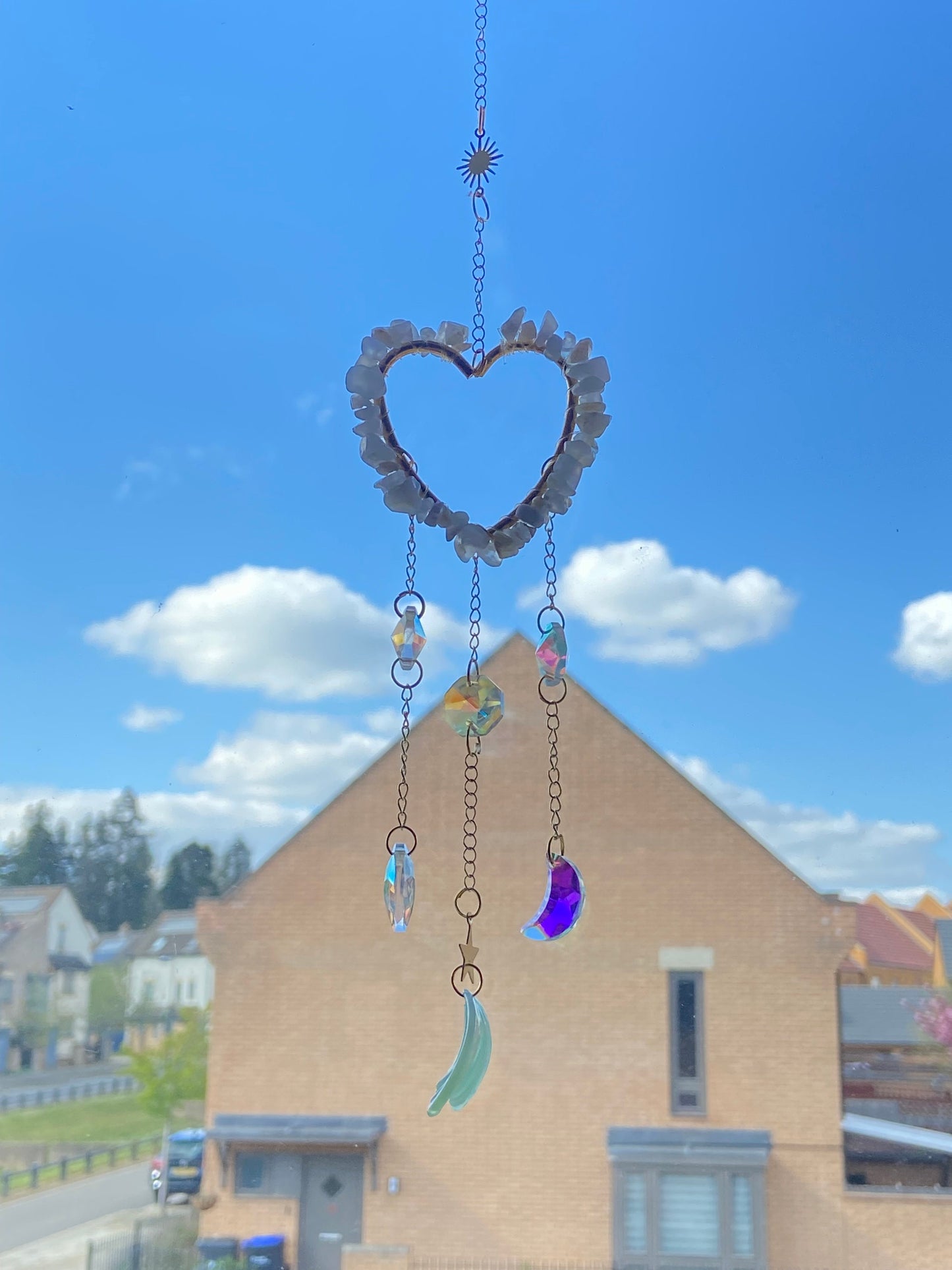 Crystal covered heart shaped suncatchers, clear quartz, blue lace agate, rose quartz, suncatcher, wall hanging, window decor,