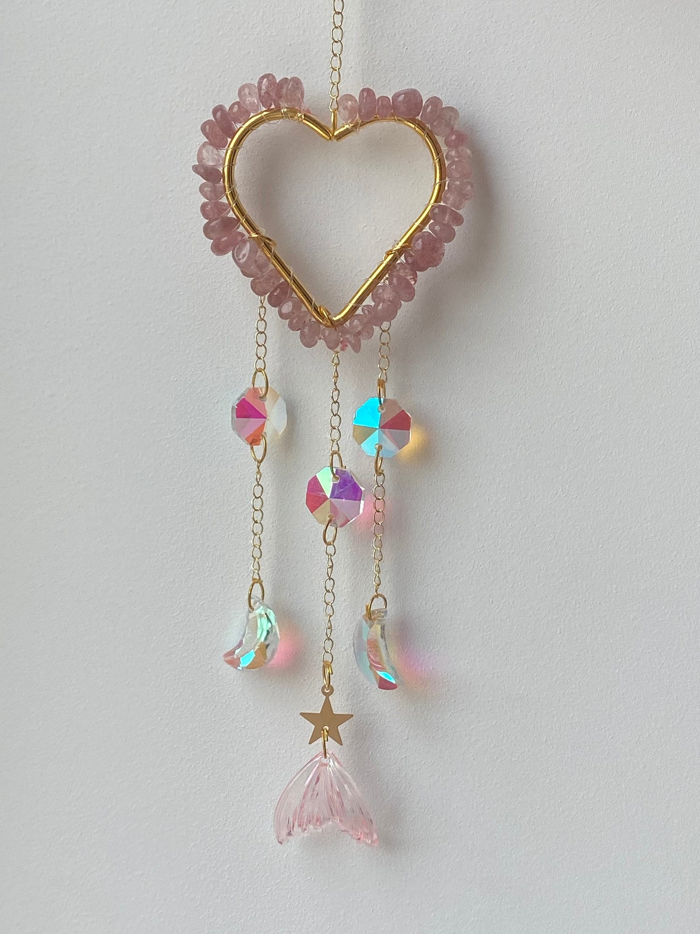 Crystal covered heart shaped suncatchers, citrine, strawberry quartz, suncatcher, wall hanging, window decor,