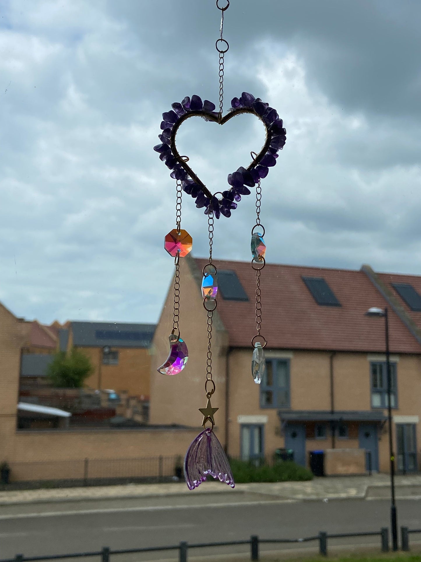 Crystal covered heart shaped suncatchers, Amethyst, Malachite, suncatcher, wall hanging, window decor,