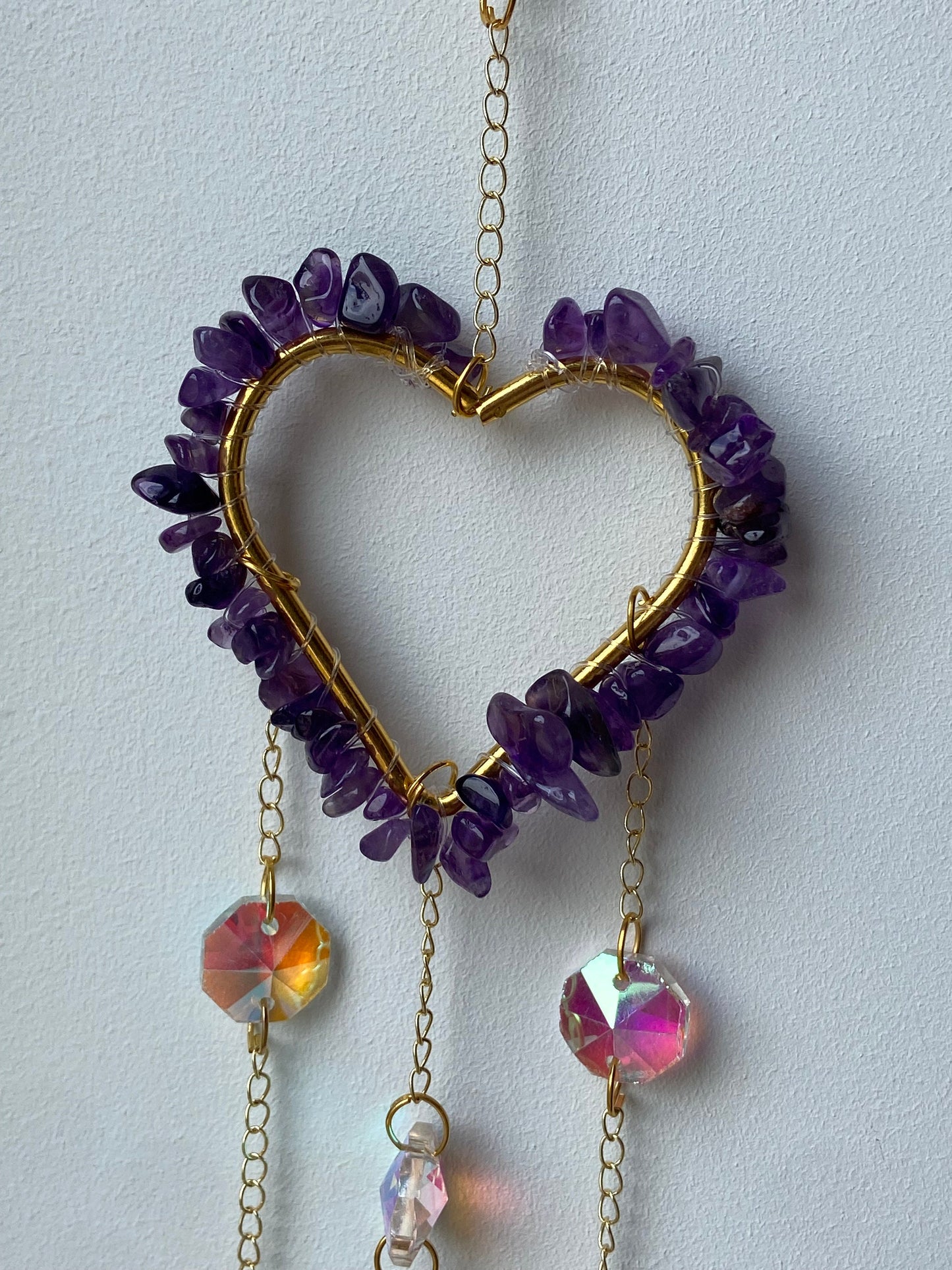 Crystal covered heart shaped suncatchers, Amethyst, Malachite, suncatcher, wall hanging, window decor,