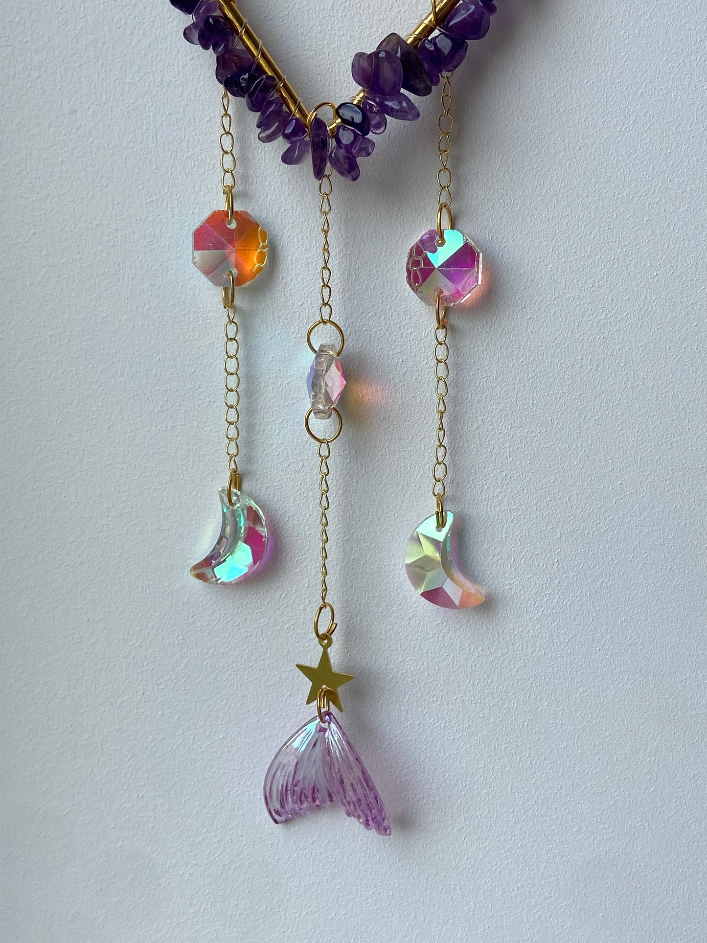 Crystal covered heart shaped suncatchers, Amethyst, Malachite, suncatcher, wall hanging, window decor,