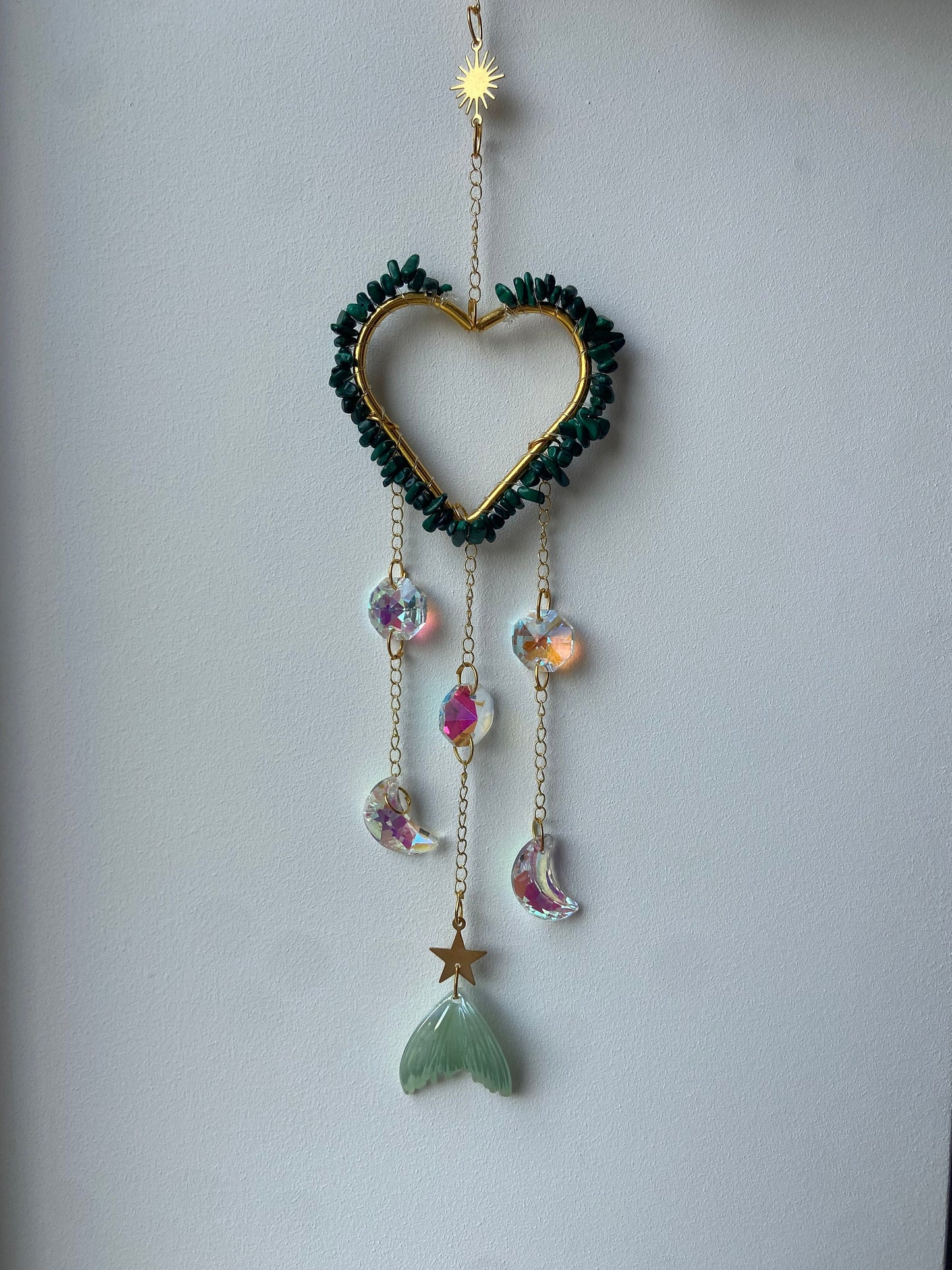 Crystal covered heart shaped suncatchers, Amethyst, Malachite, suncatcher, wall hanging, window decor,