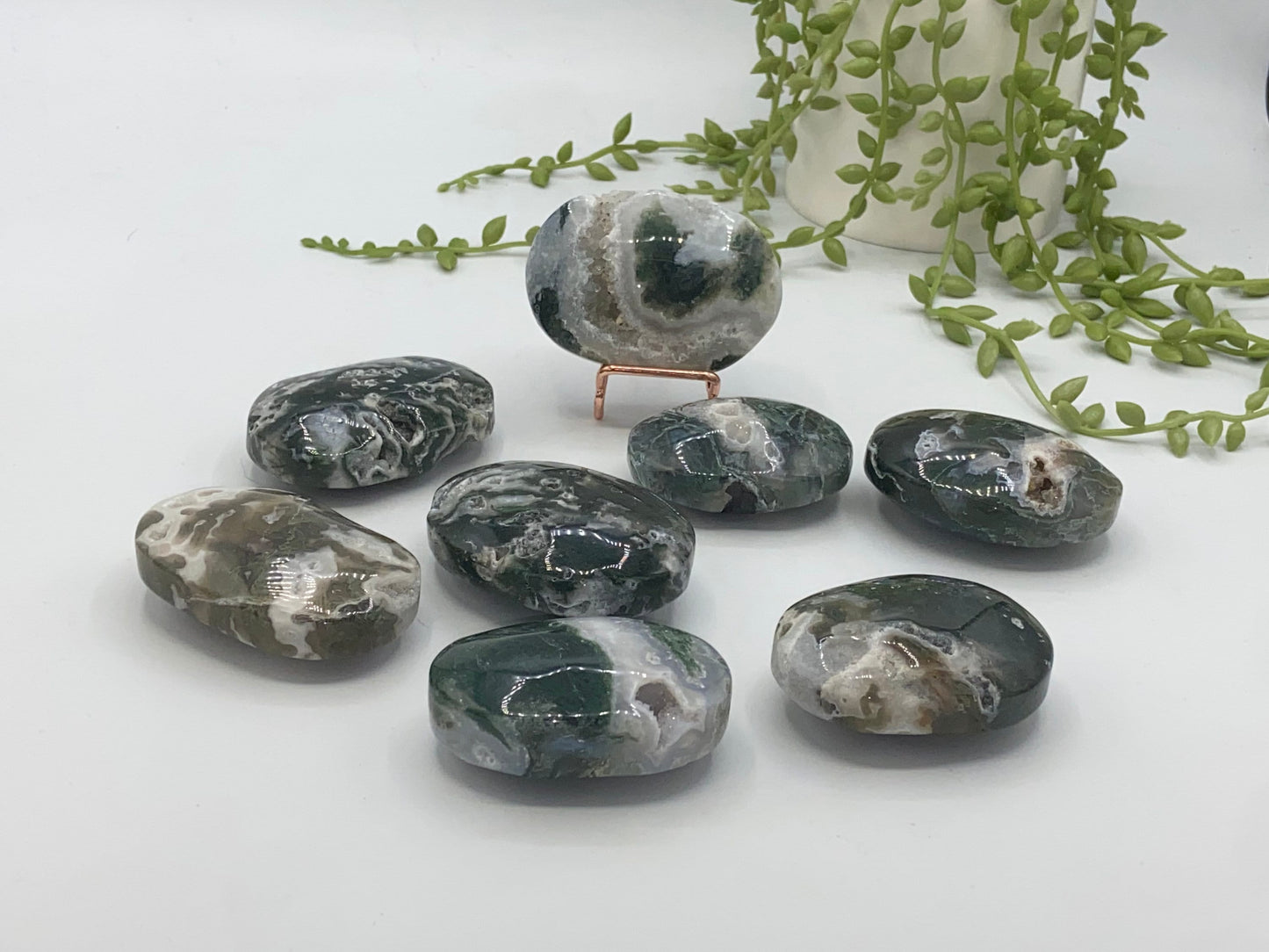 Dark Green Moss Agate Druzy Palm Stone (F) Worry stone, Mocha stone, quartz inclusions