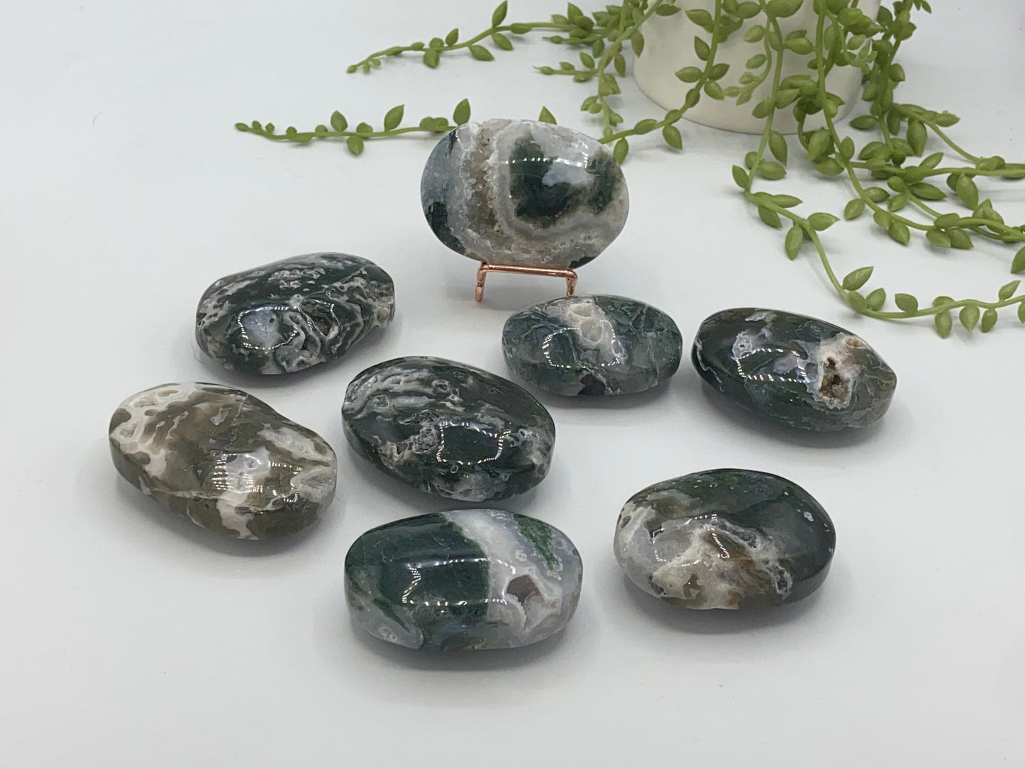 Dark Green Moss Agate Druzy Palm Stone (B) Worry stone, Mocha stone, quartz inclusions