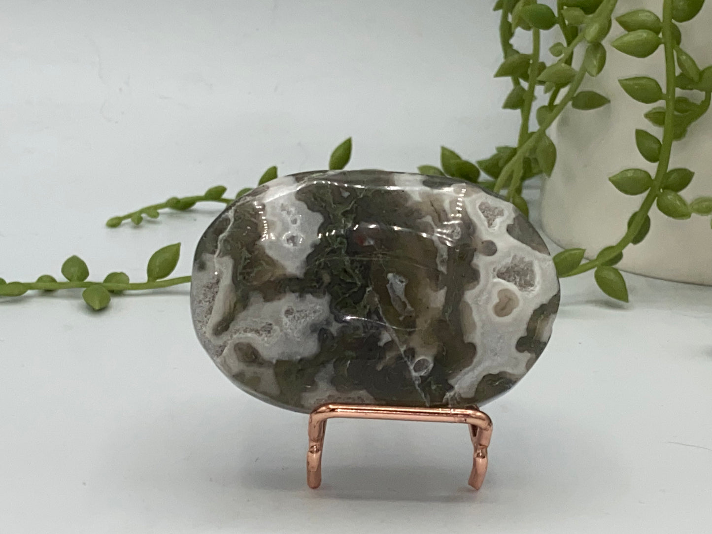 Dark Green Moss Agate Druzy Palm Stone (C) Worry stone, Mocha stone, quartz inclusions