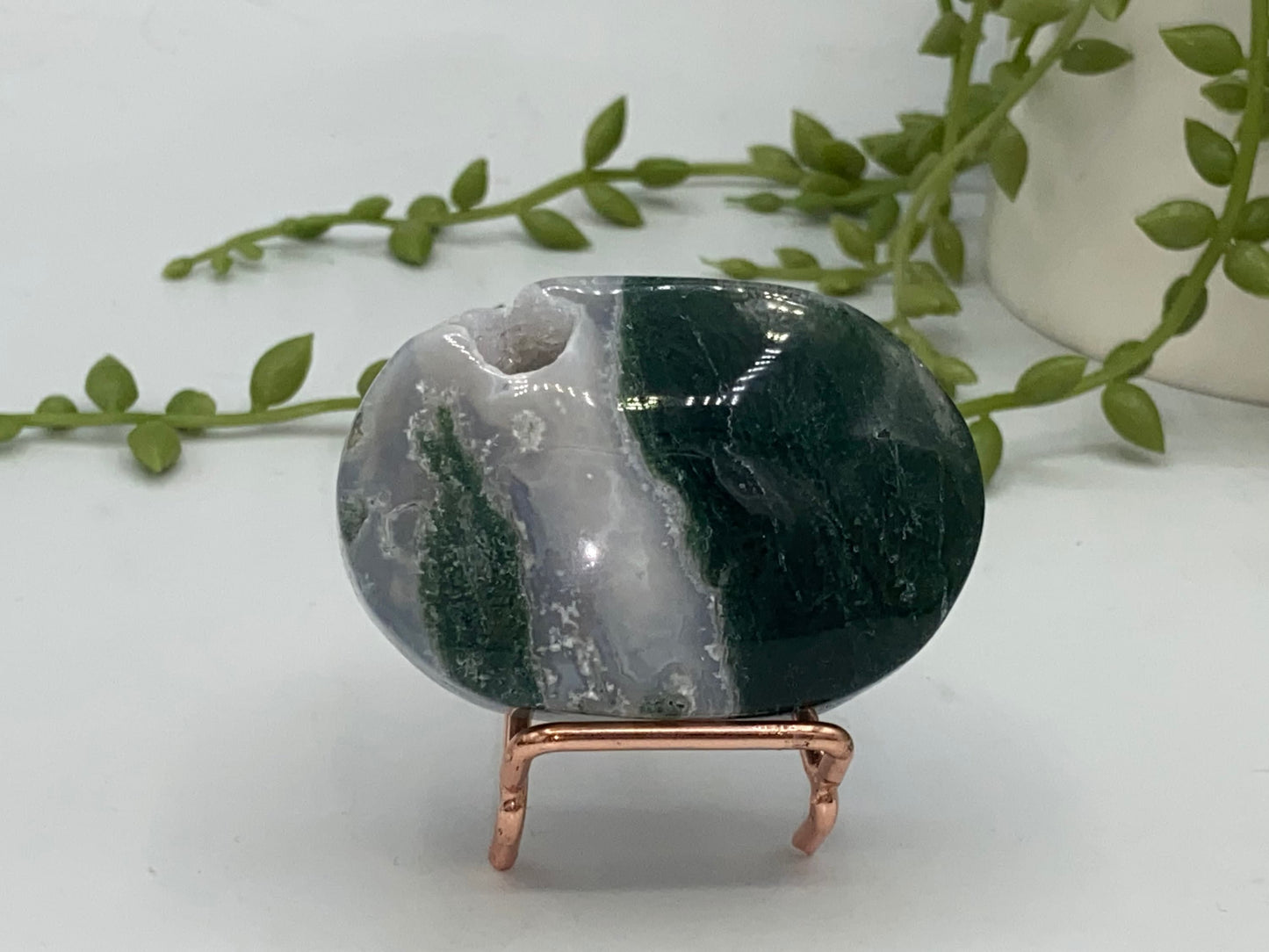 Dark Green Moss Agate Druzy Palm Stone (E) Worry stone, Mocha stone, quartz inclusions