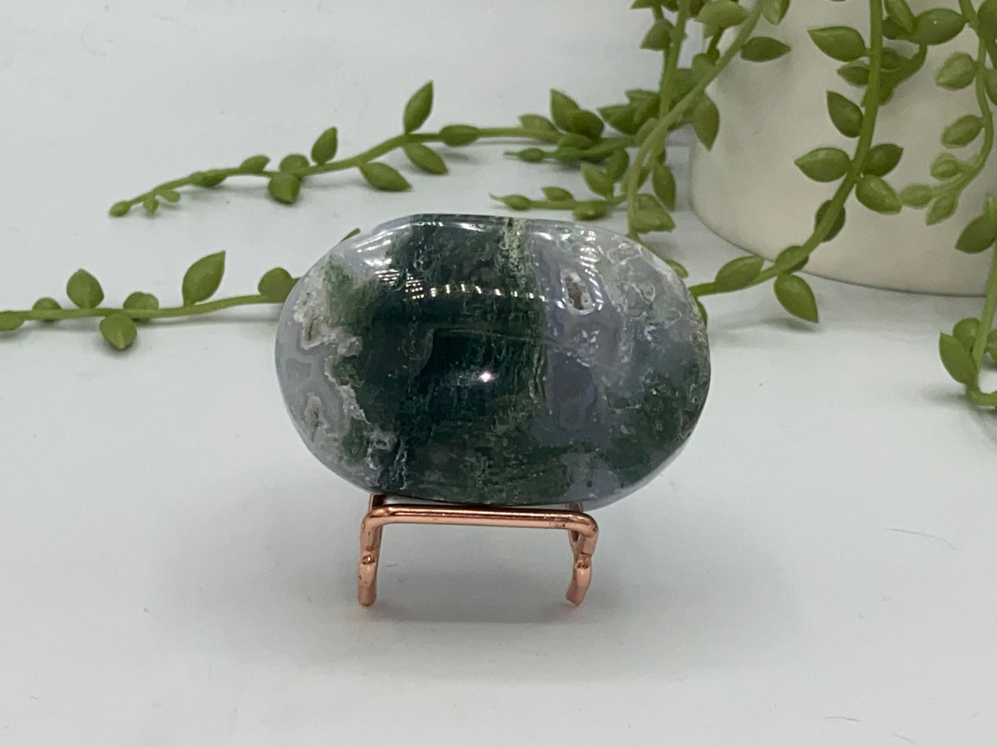 Dark Green Moss Agate Druzy Palm Stone (E) Worry stone, Mocha stone, quartz inclusions