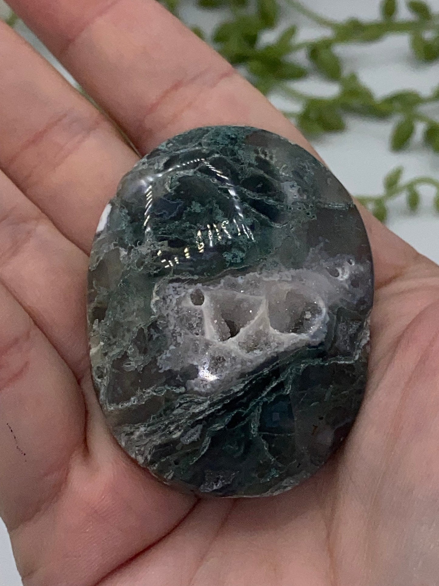 Dark Green Moss Agate Druzy Palm Stone (F) Worry stone, Mocha stone, quartz inclusions