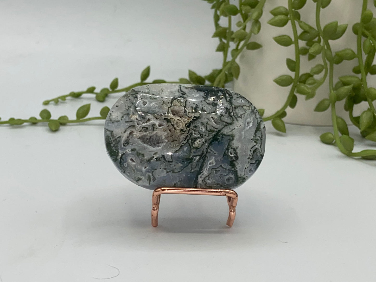 Light White With Green Moss Agate Druzy Palm Stone (D) Worry stone, Mocha stone, quartz inclusions